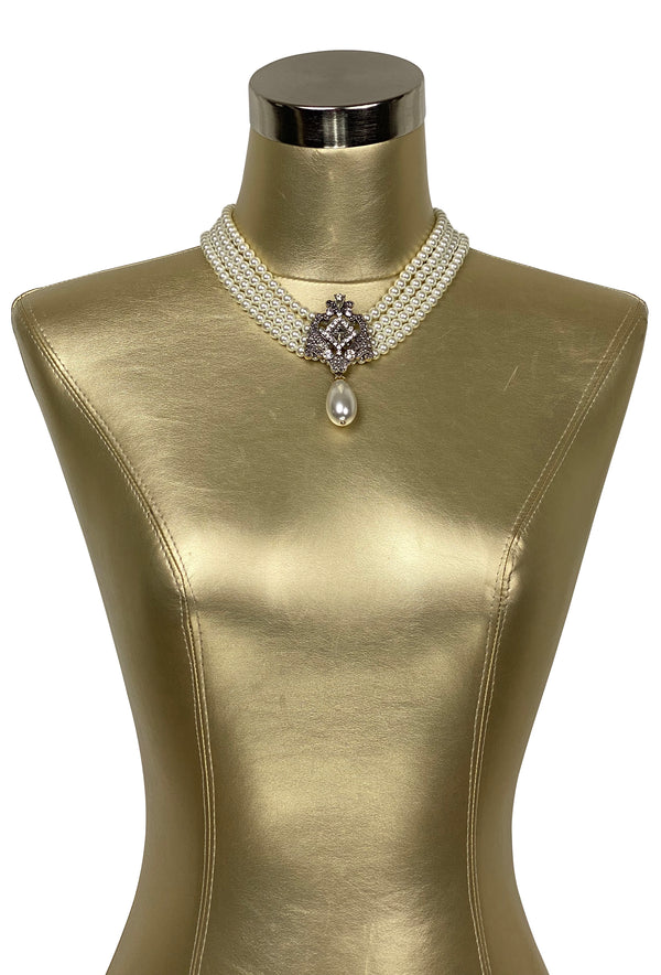 Vintage Hollywood Regency 50's Rhinestone Pearl Grace Kelly Choker Necklace