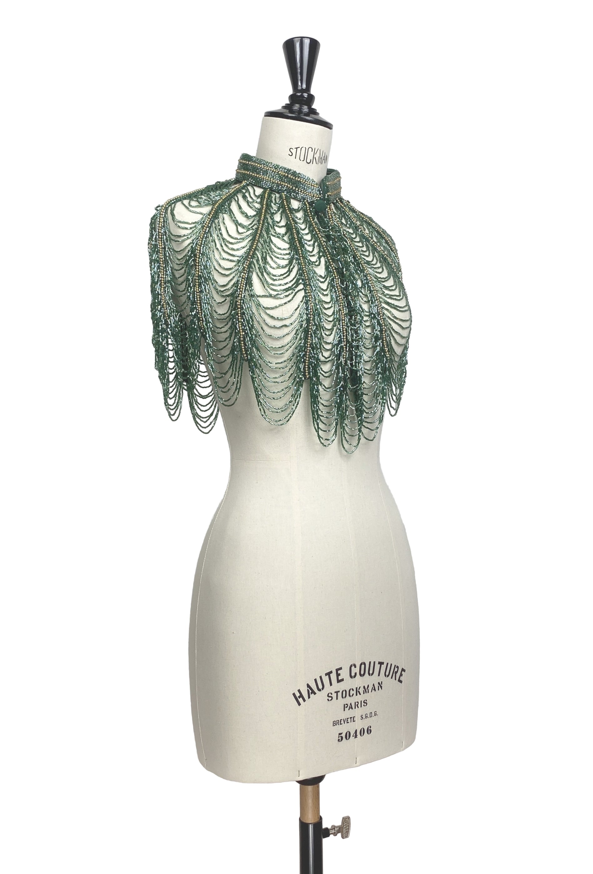Vintage Luxe Hand Beaded Victorian Collar Draped Capelet - Smoke Green The Deco Haus