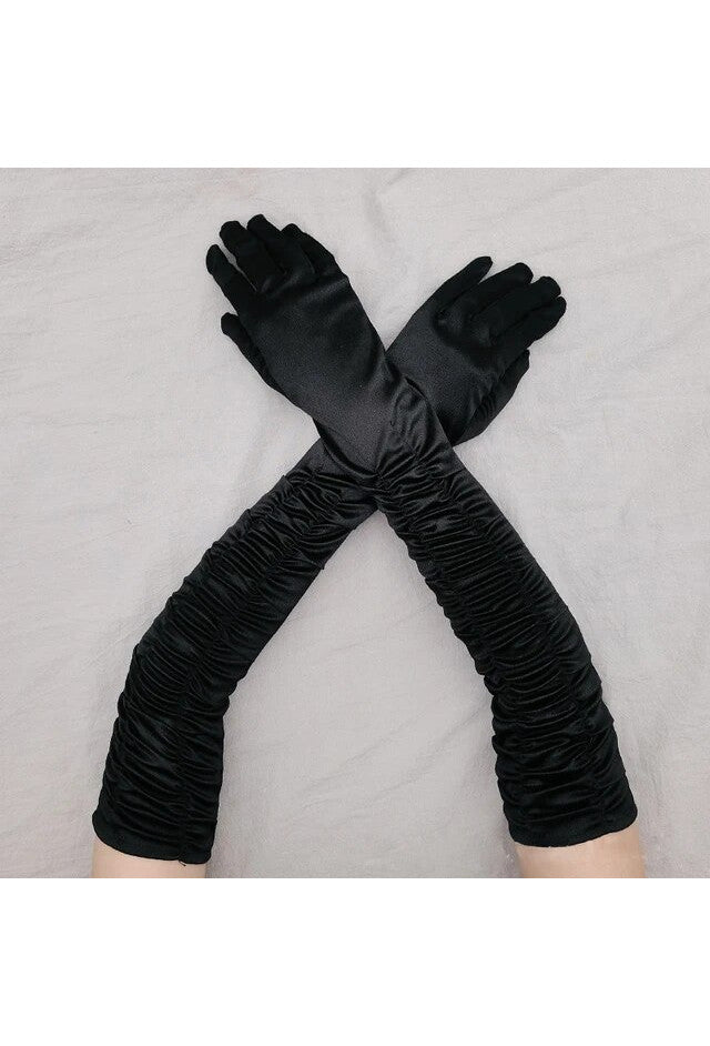 Vintage Style Satin Ruched Long Opera Evening Glove - Black