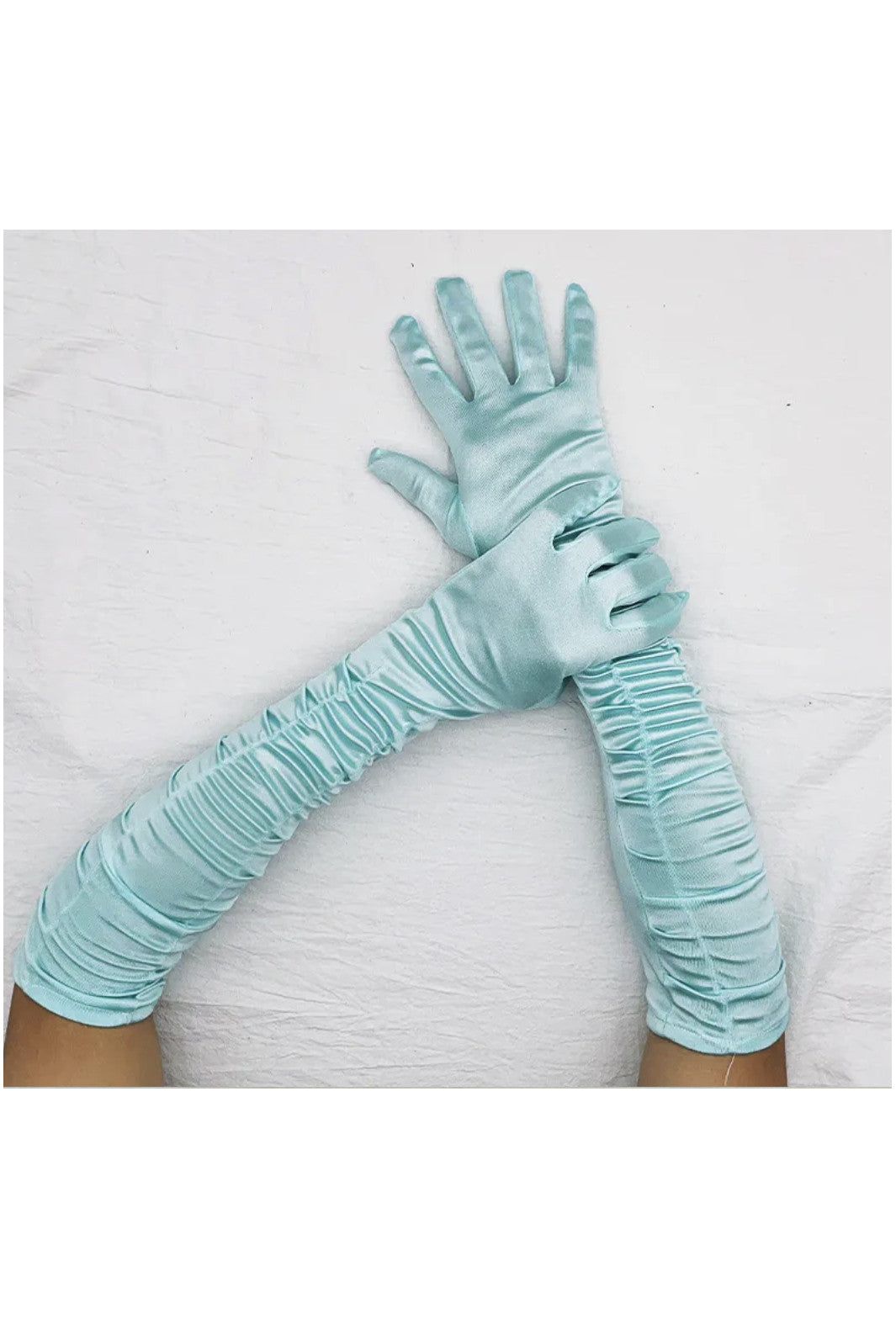 Vintage Style Satin Ruched Long Opera Evening Glove - Tiffany Blue The Deco Haus