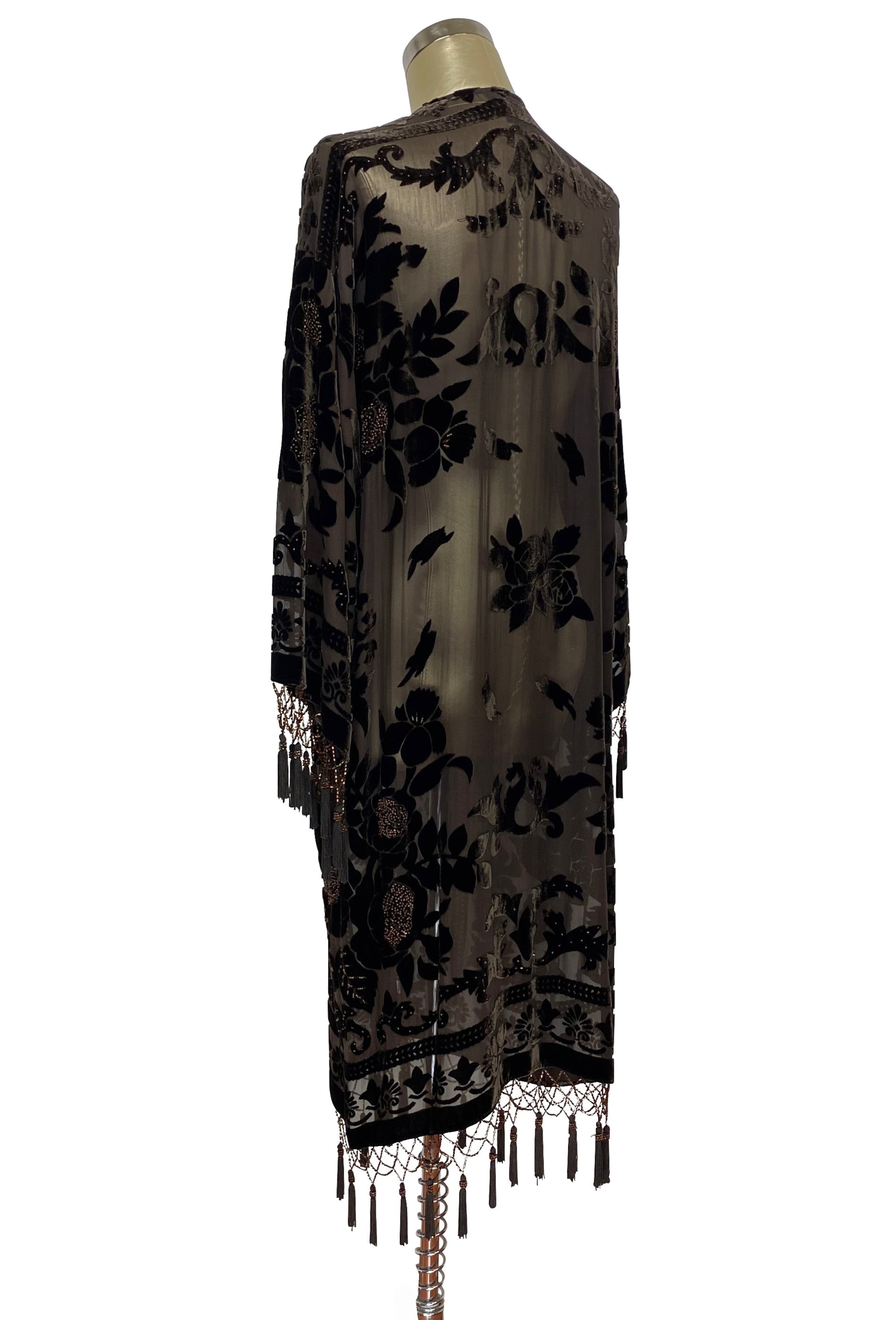 Vintage Silk Victorian Rose Evening Kimono - Espresso Brown