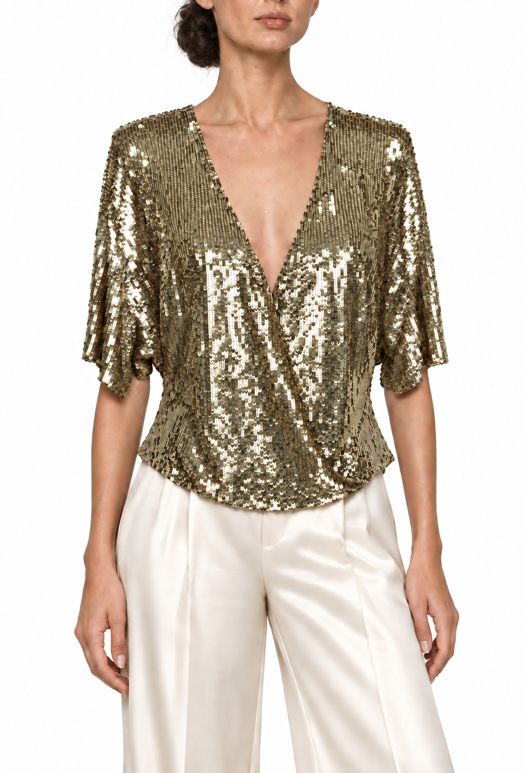 Molten gold sequin wrap top with V-neck and short sleeves
