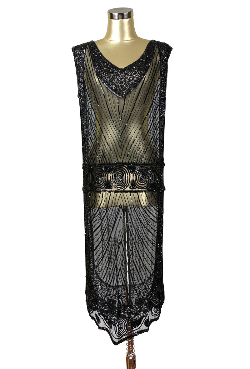 1920's Beaded Vintage Deco Tabard Panel Gown - The Modernist - Kohl Black - The Deco Haus