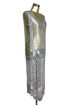 1920's Beaded Vintage Deco Tabard Panel Gown - The Modernist - Silver