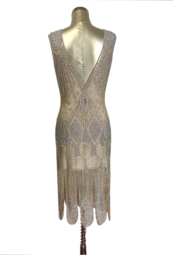 1920's Flapper Carwash Hem Beaded Party Dress - The Starlet - Ultra Low - Champagne Silver