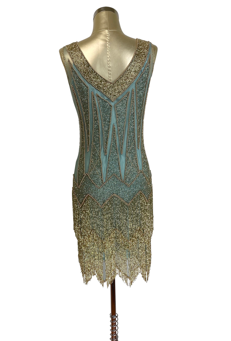 1920's Flapper Fringe Gatsby Party Dress - The Zenith - Gold on Antique Turquoise