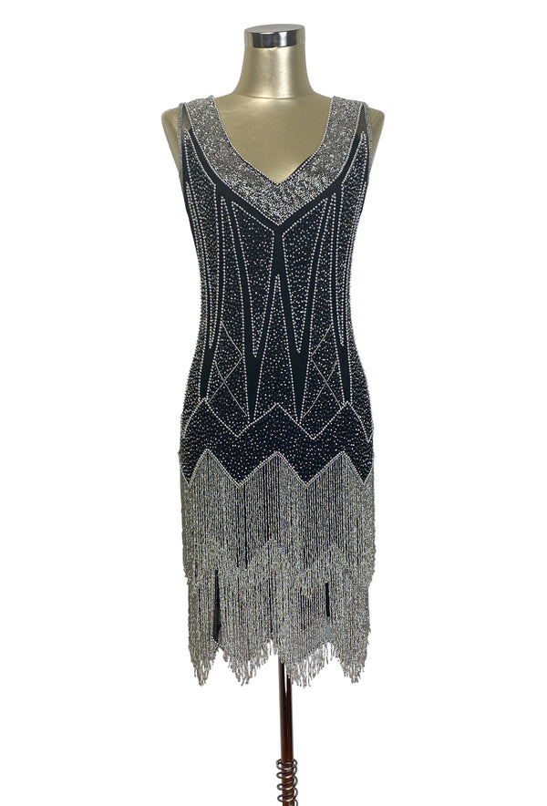 1920's Flapper Fringe Gatsby Party Dress - The Zenith - Silver on Black
