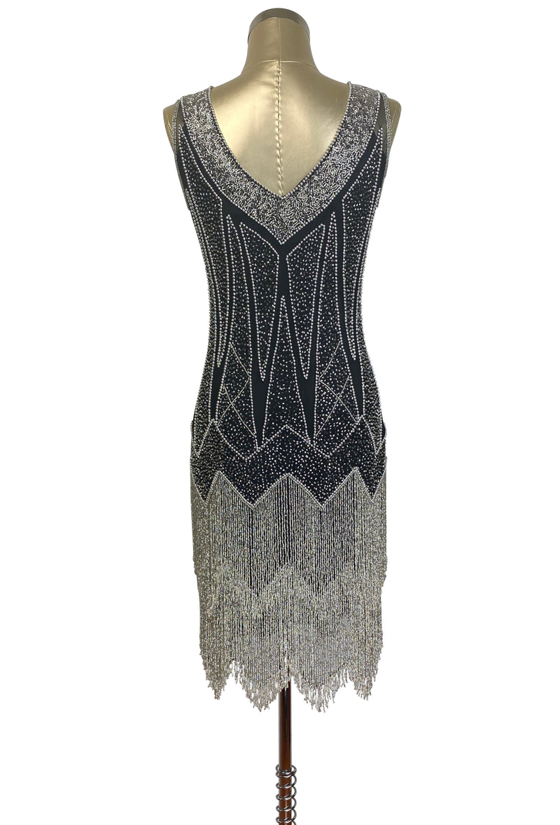 1920's Flapper Fringe Gatsby Party Dress - The Zenith - Silver on Black