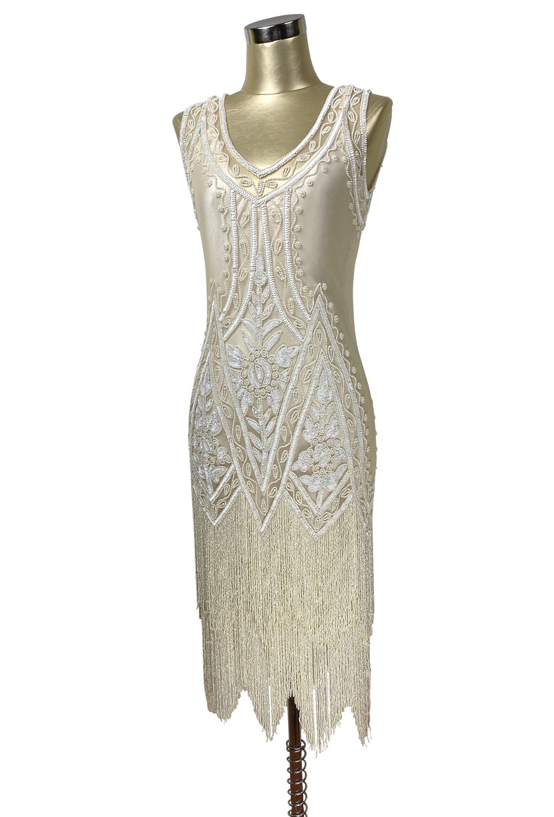1920's Vintage Flapper Beaded Fringe Gatsby Wedding Bridal Gown - Cut Out Back - The Icon - Creme Pearl