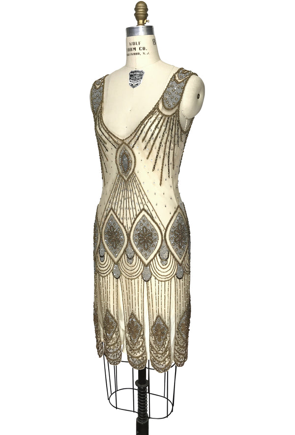1920's Flapper Carwash Hem Beaded Party Dress - The Starlet - Champagne Bronze - The Deco Haus