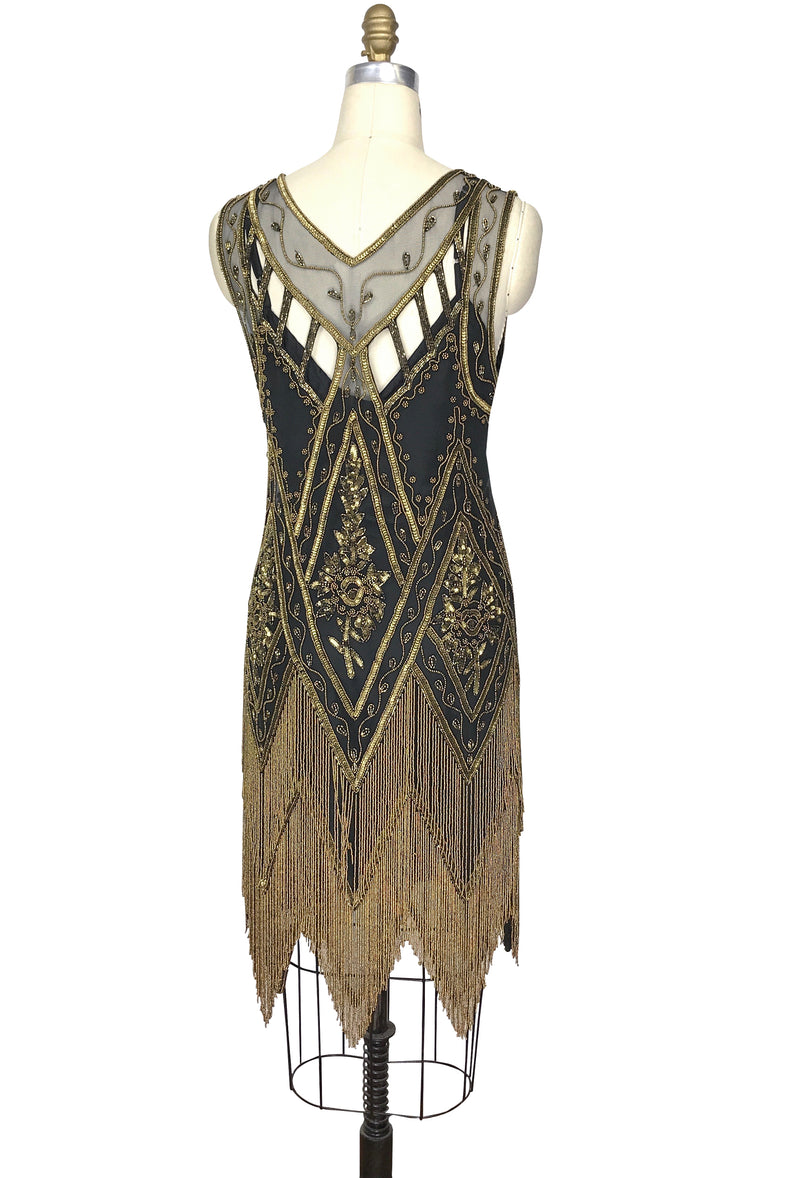 1920's Vintage Flapper Beaded Fringe Gatsby Gown - The Icon - Black Deco Bronze - The Deco Haus
