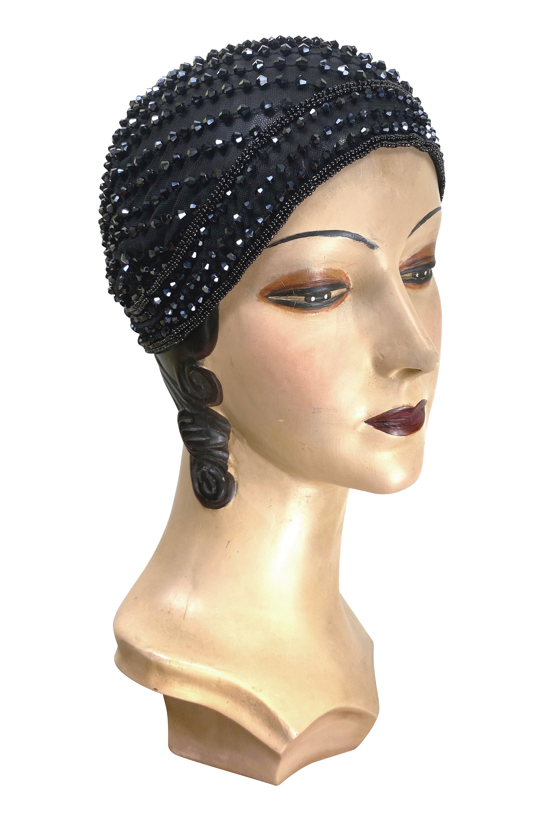 1920s Hand Beaded Gatsby Flapper Party Cap - The Garçonne - Black Jet The Deco Haus