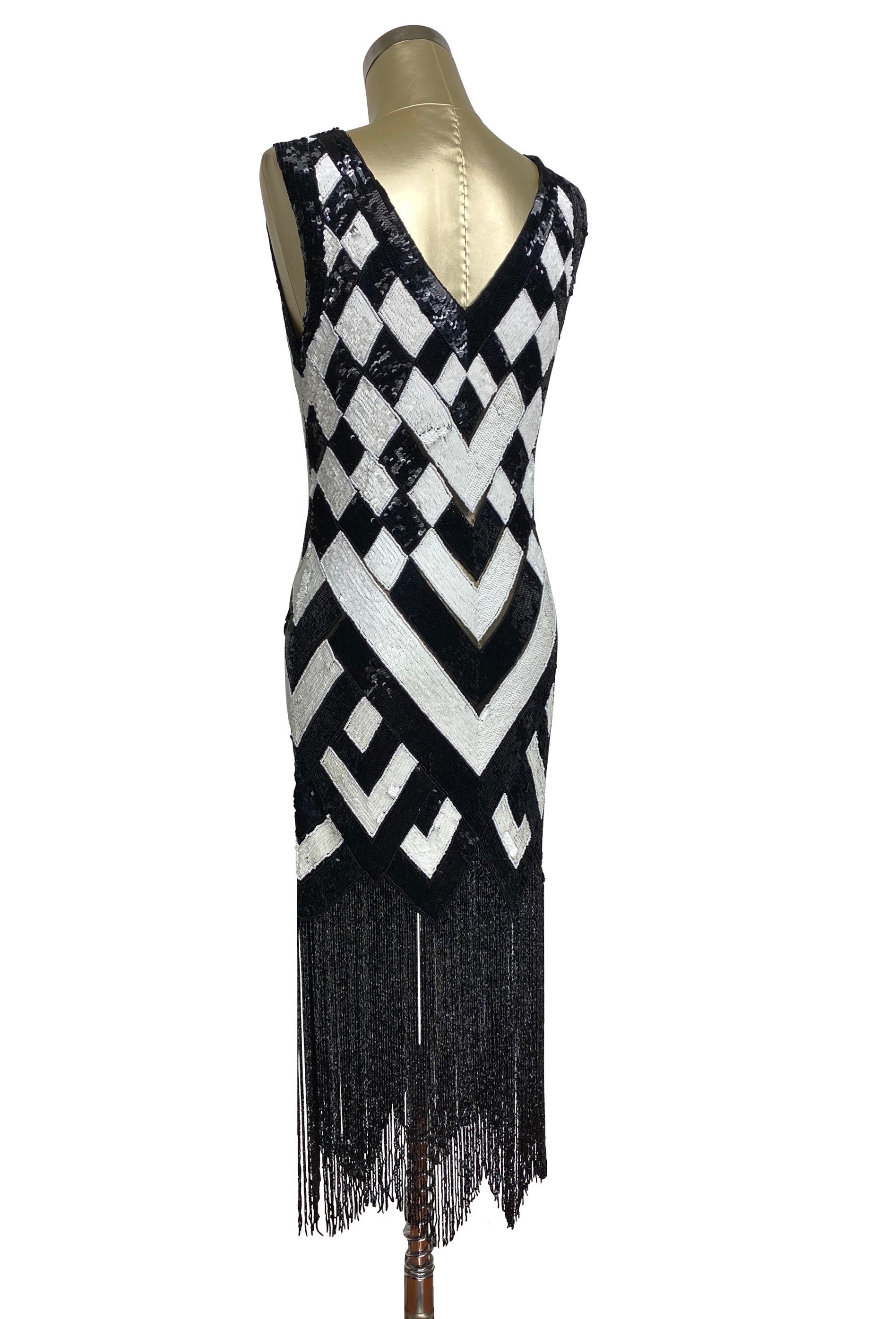 1920s Style Art Deco Flapper Fringe Party Dress - La Bande - Black White