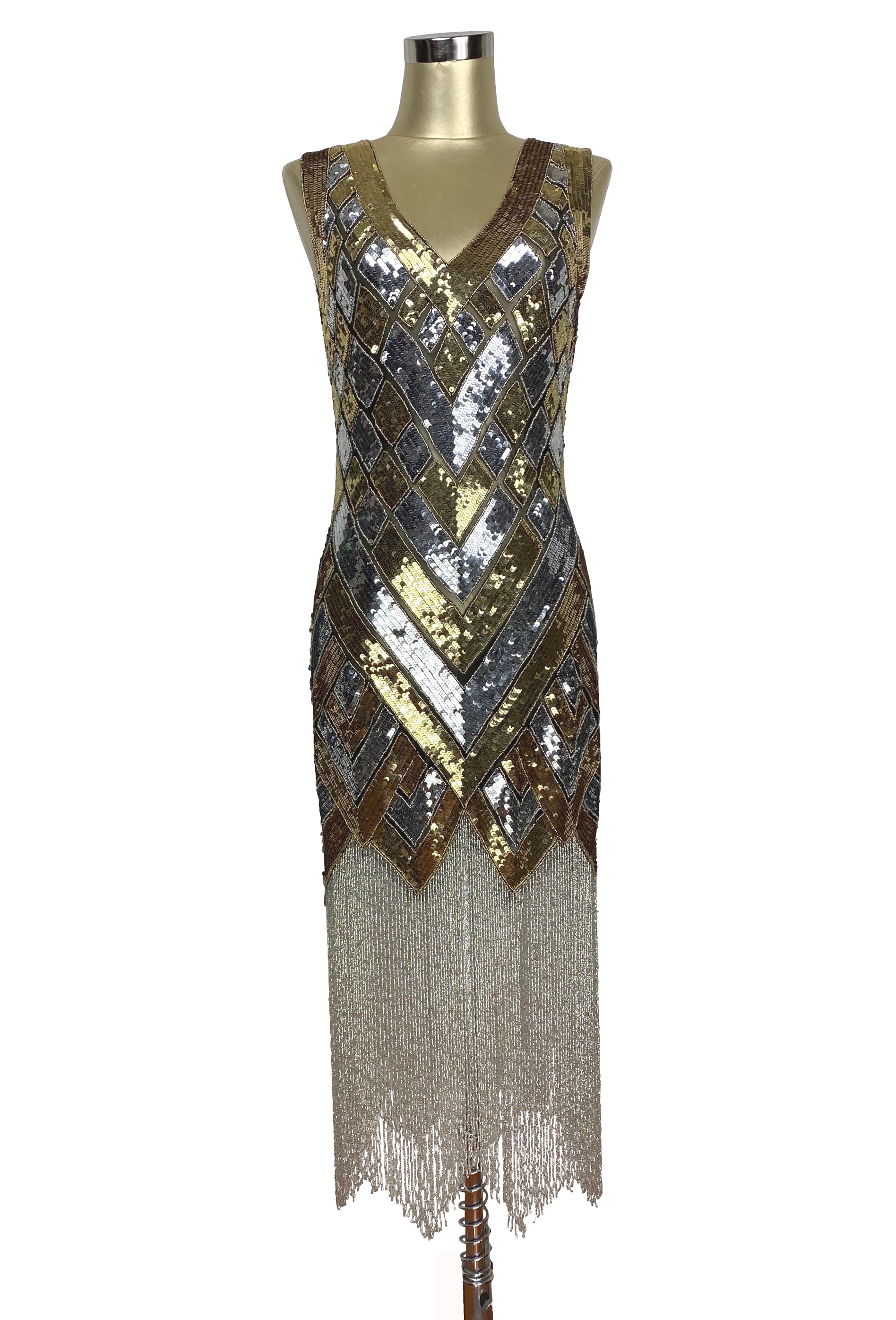 1920s Style Art Deco Flapper Fringe Party Dress - La Bande - Silver Gold