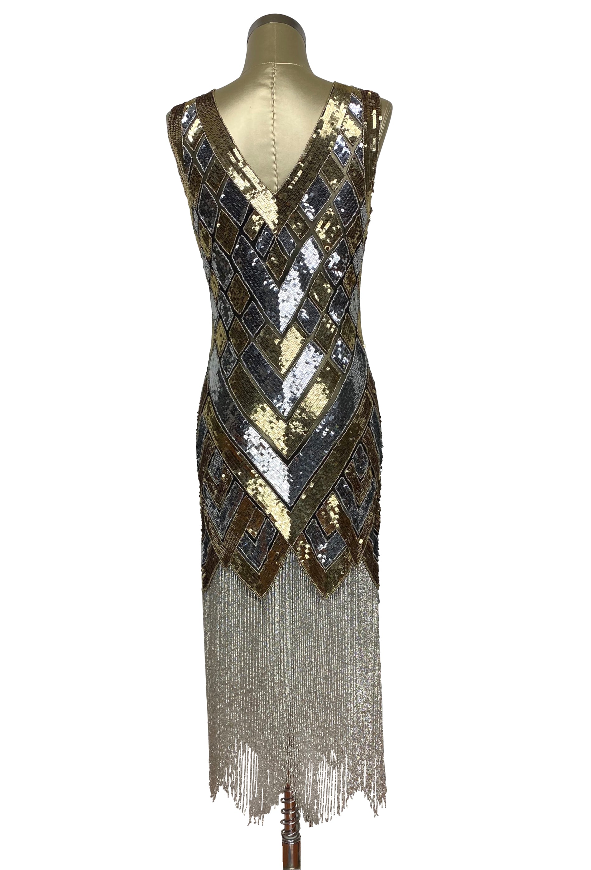 1920s Style Art Deco Flapper Fringe Party Dress - La Bande - Silver Gold