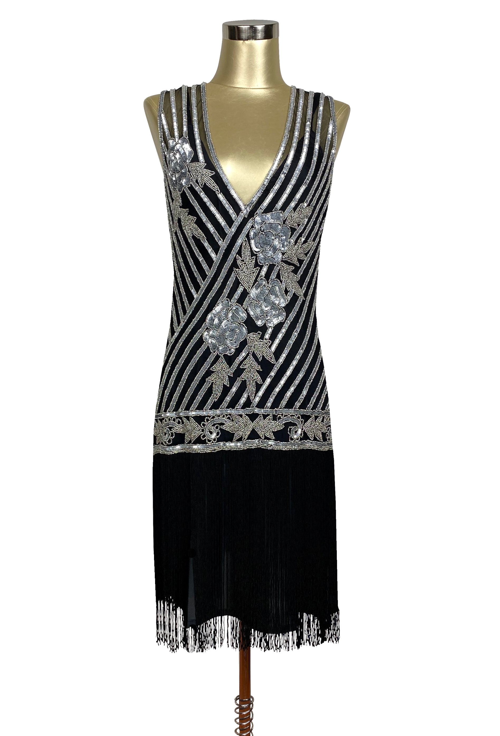 1920s Style Flapper Fringe Party Dress - The "Original" Artist - Silver on Black - The Deco Haus