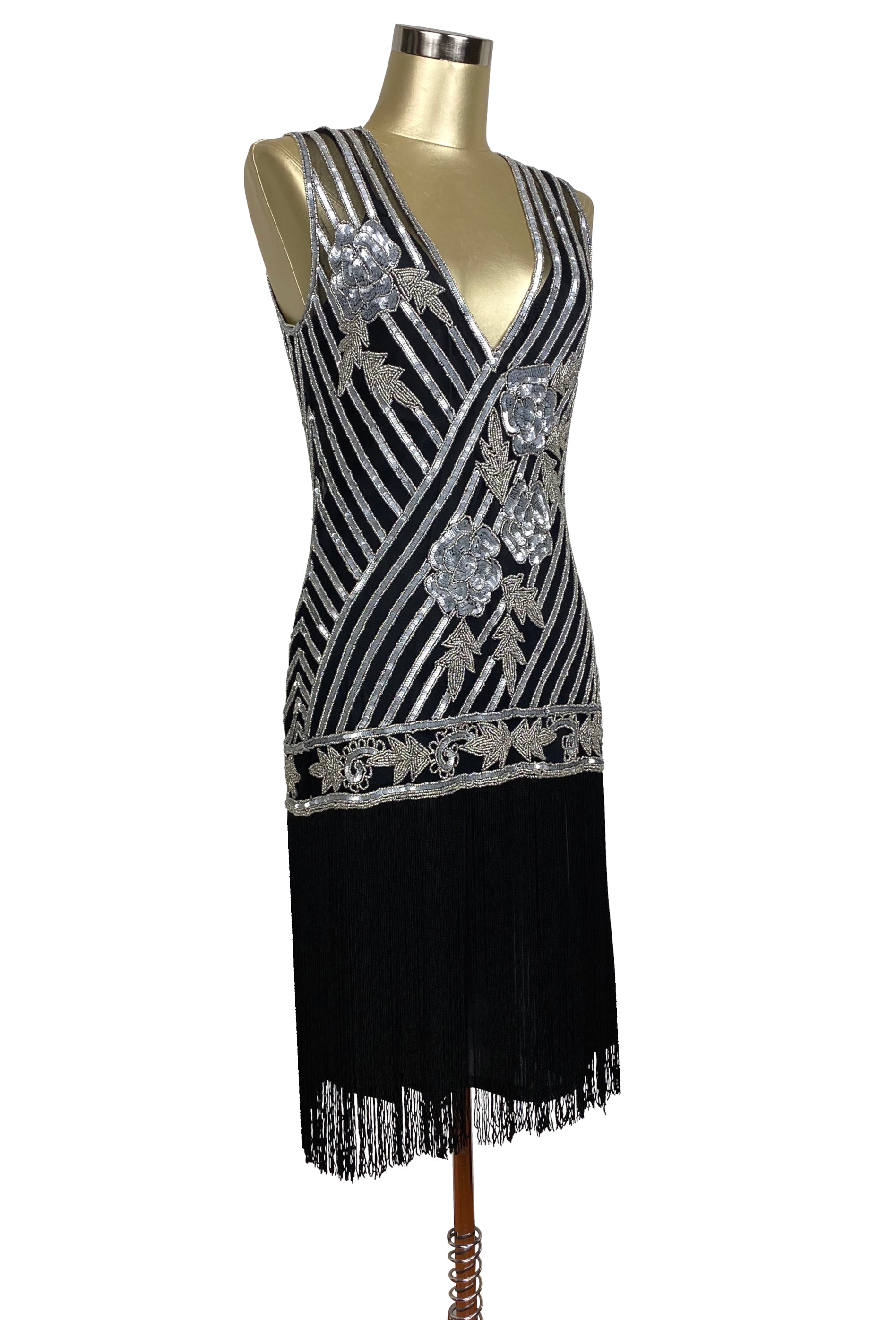 1920s Style Flapper Fringe Party Dress - The "Original" Artist - Silver on Black