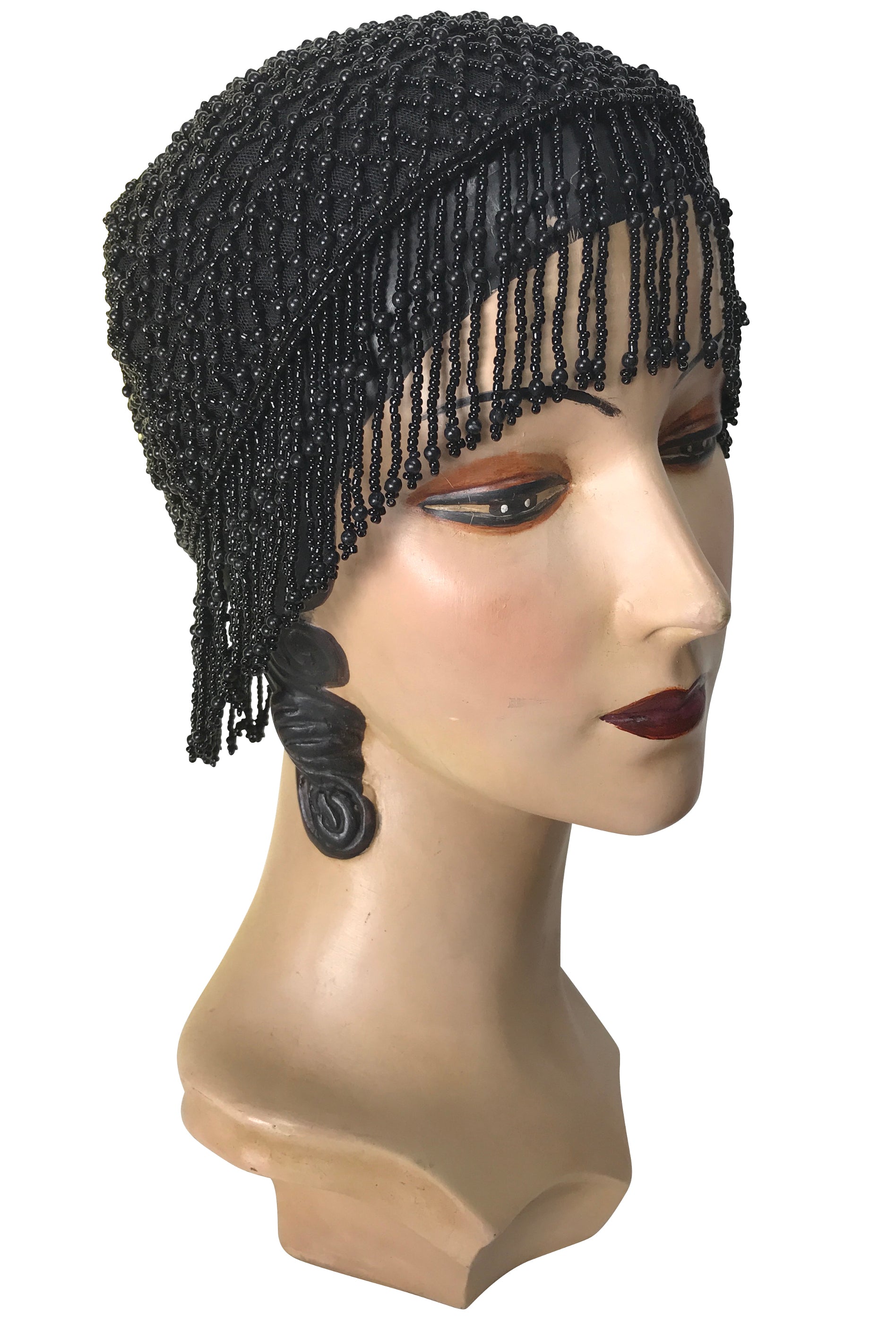 1920s Hand Beaded Gatsby Lattice Flapper Party Cap - Short Fringe - Black Jet - The Deco Haus