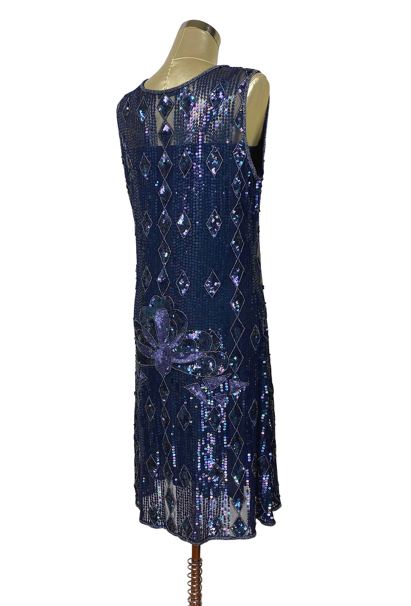 1920s "The Artist" Beaded Sequin Party Dress - The Garçonne - Midnight Blue Iridescent - The Deco Haus