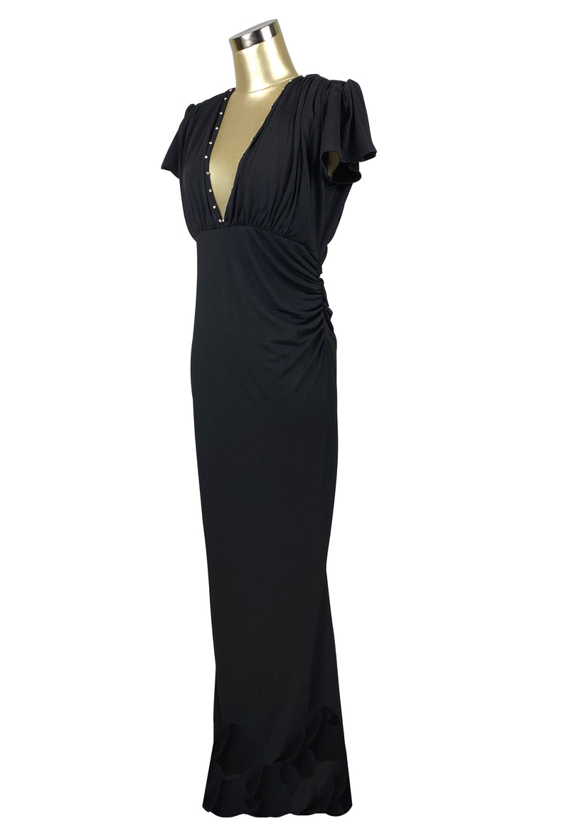1930's Style Bias Ruched Flutter Sleeve Full-Length Rhinestone Hayworth Gown - Black - The Deco Haus