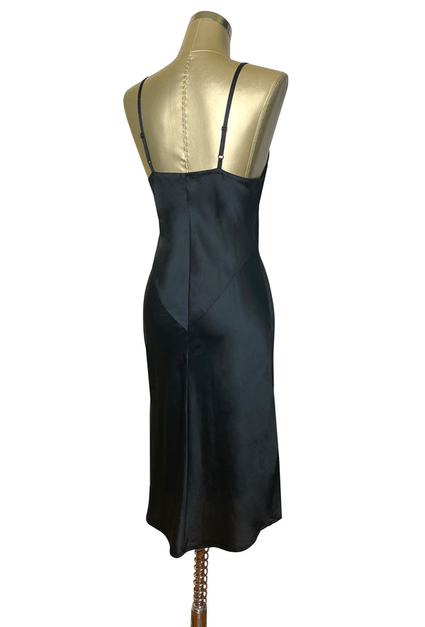 1930's Style Panel Bias Satin Slip Dress - Black