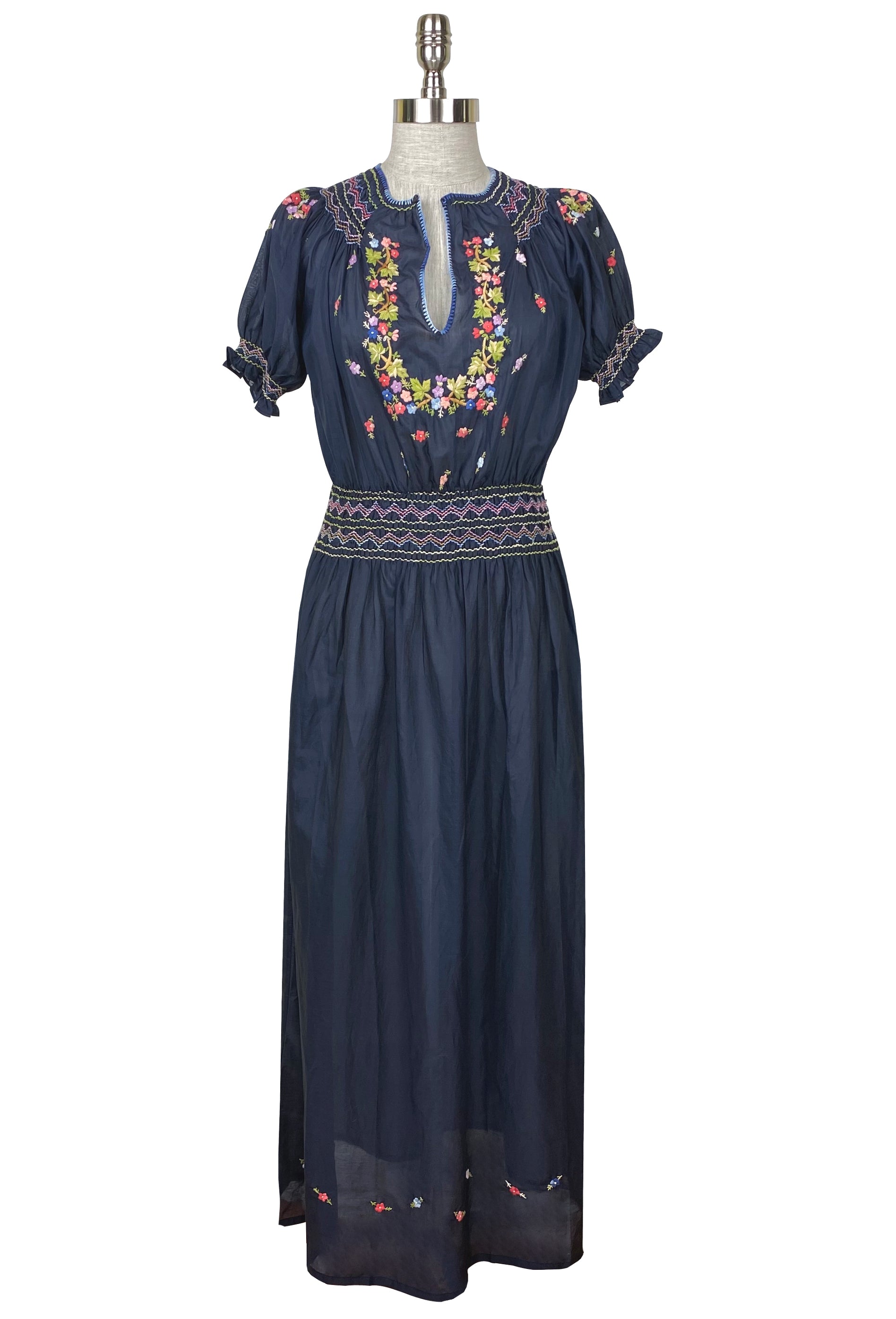 1930's Vintage Embroidered Silk Voile Bohme Dress - Ink XL 1930's Vintage Embroidered Silk Voile Bohme Dress - Ink XL