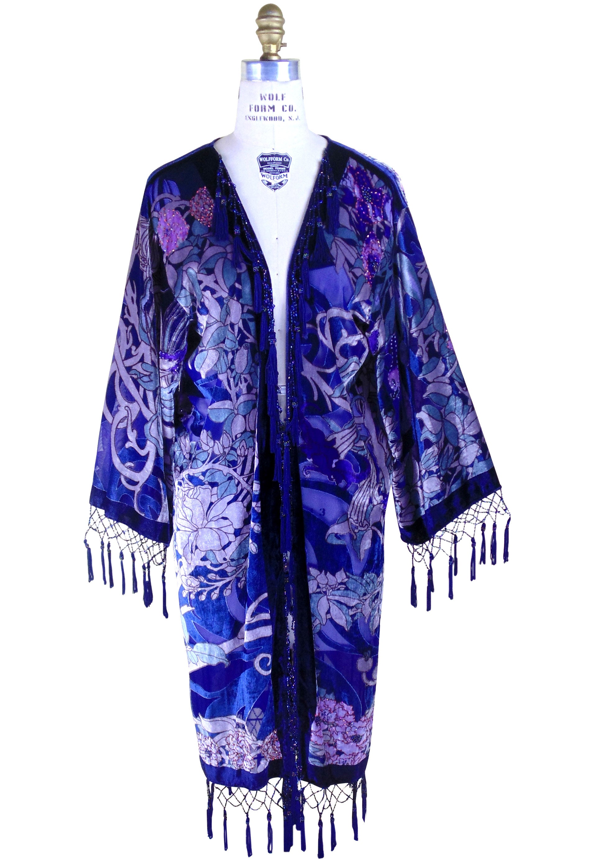 Vintage Velvet Art Nouveau Beaded Fringe Scarf Coat - Mucha Mystique - Purple - The Deco Haus