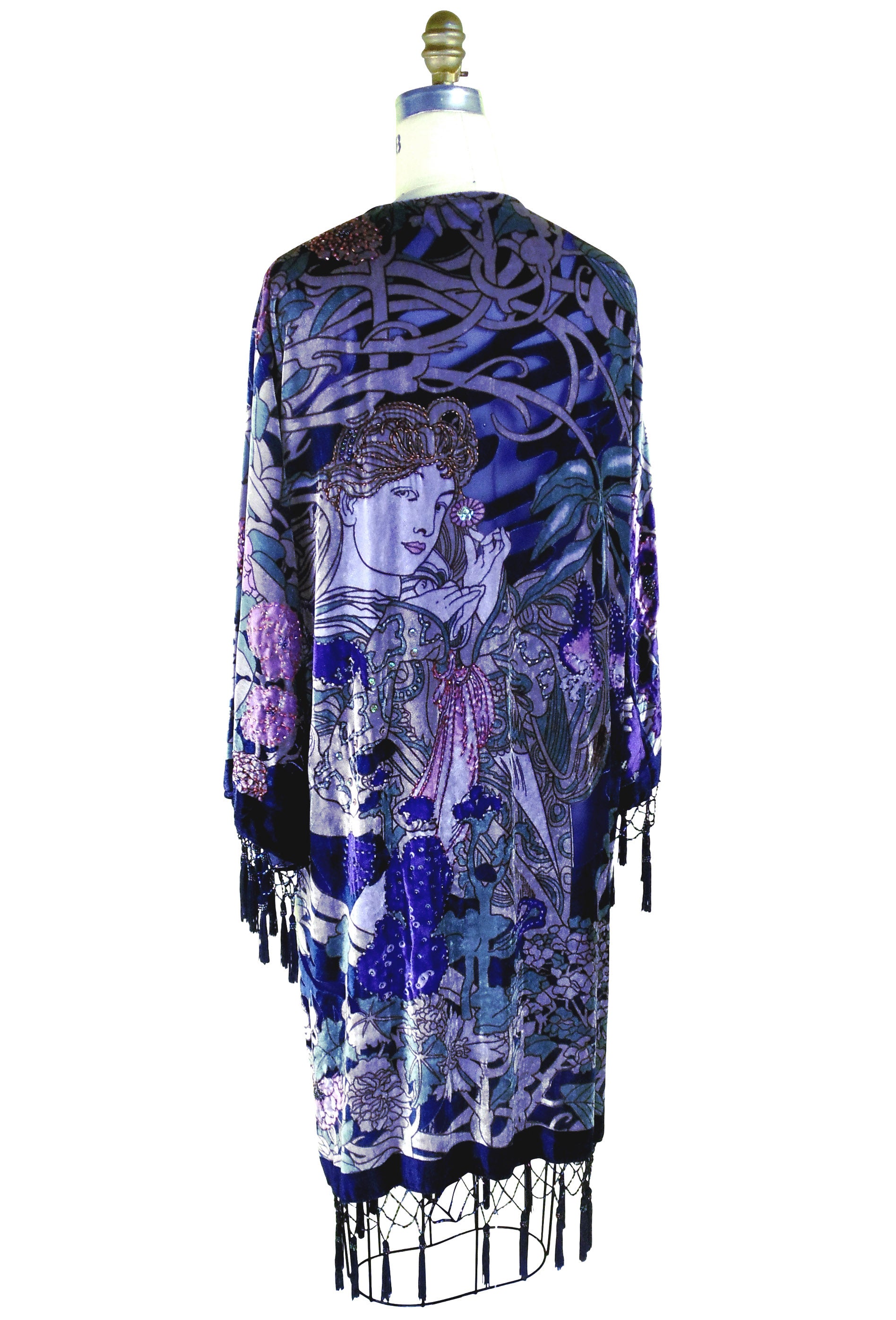 Vintage Velvet Art Nouveau Beaded Fringe Scarf Coat - Mucha Mystique - Purple - The Deco Haus