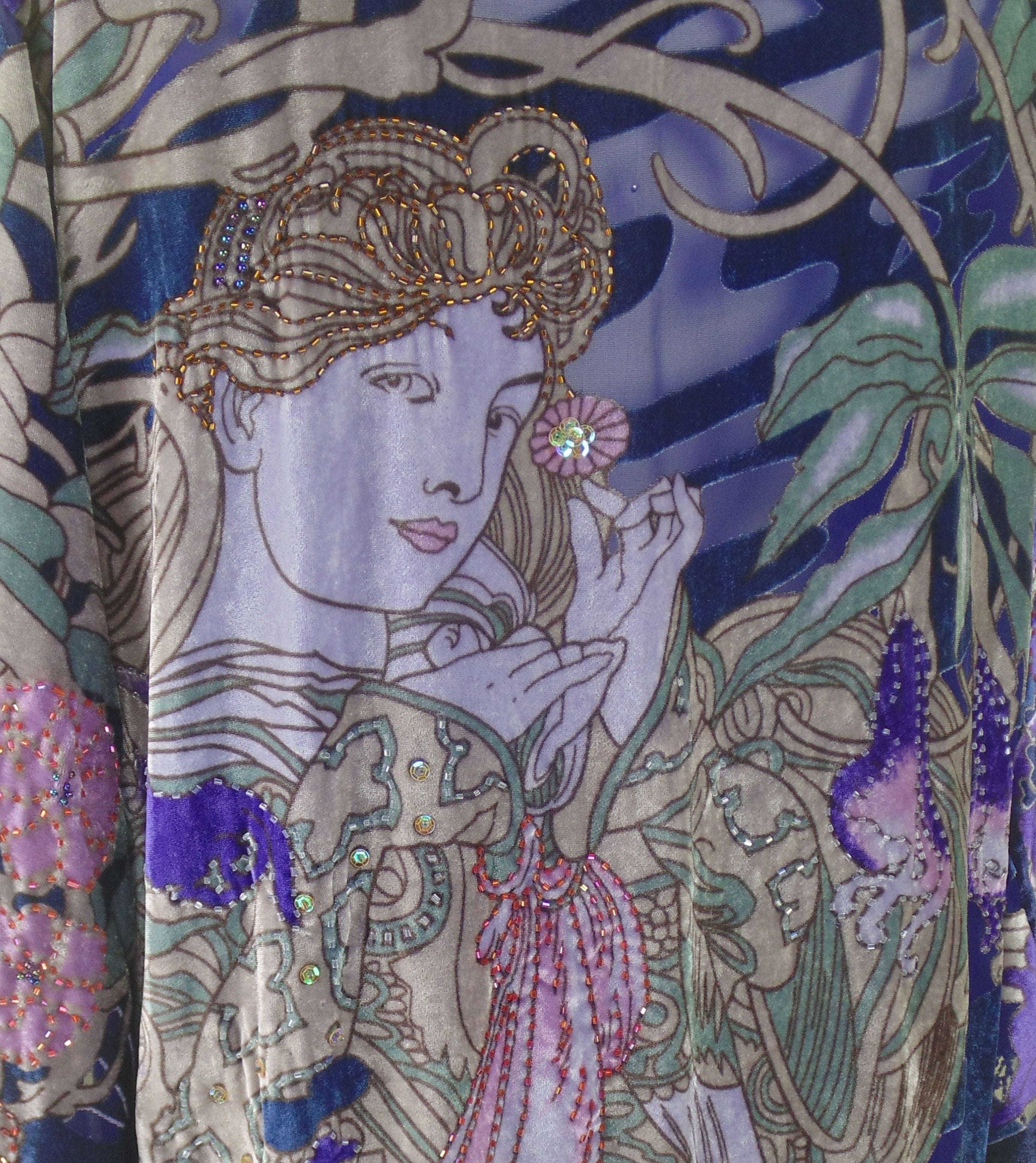 Vintage Velvet Art Nouveau Beaded Fringe Scarf Coat - Mucha Mystique - Purple - The Deco Haus