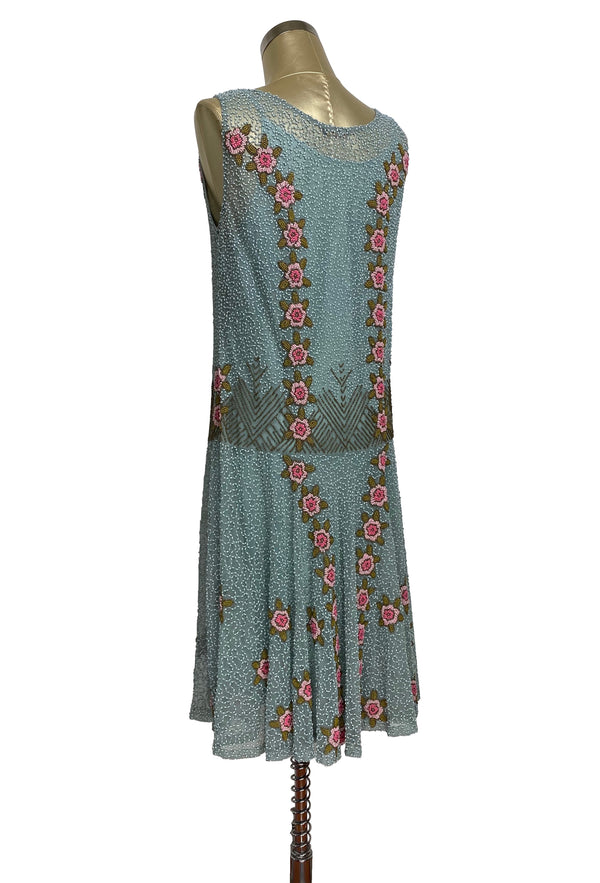 20's Vintage Beaded Mesh Gatsby Gown - The Vintage Bouquet - Robin's Egg Blue