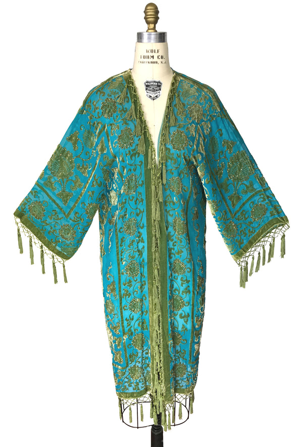 Vintage Silk Velvet 1920's Beaded Fringe Scarf Coat - Renaissance Floral - Cerulean Olive - The Deco Haus