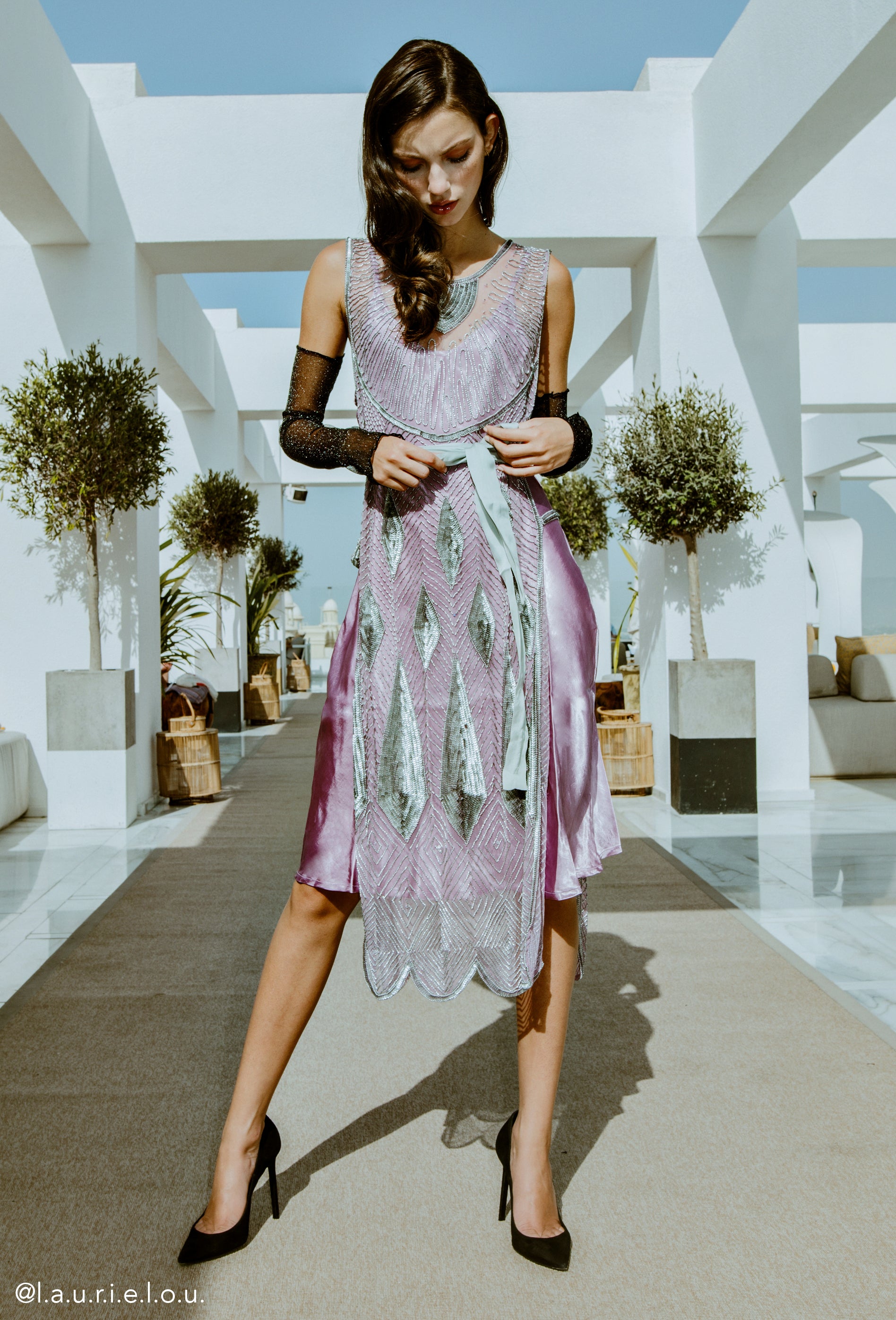Beaded 1920s Tabard Gatsby Gown - The Bijou - Plum Silver - The Deco Haus