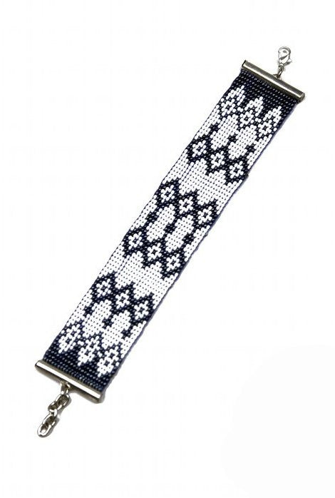 1920s Loom Beaded Silver Screen Bracelet - Black White - The Deco Haus