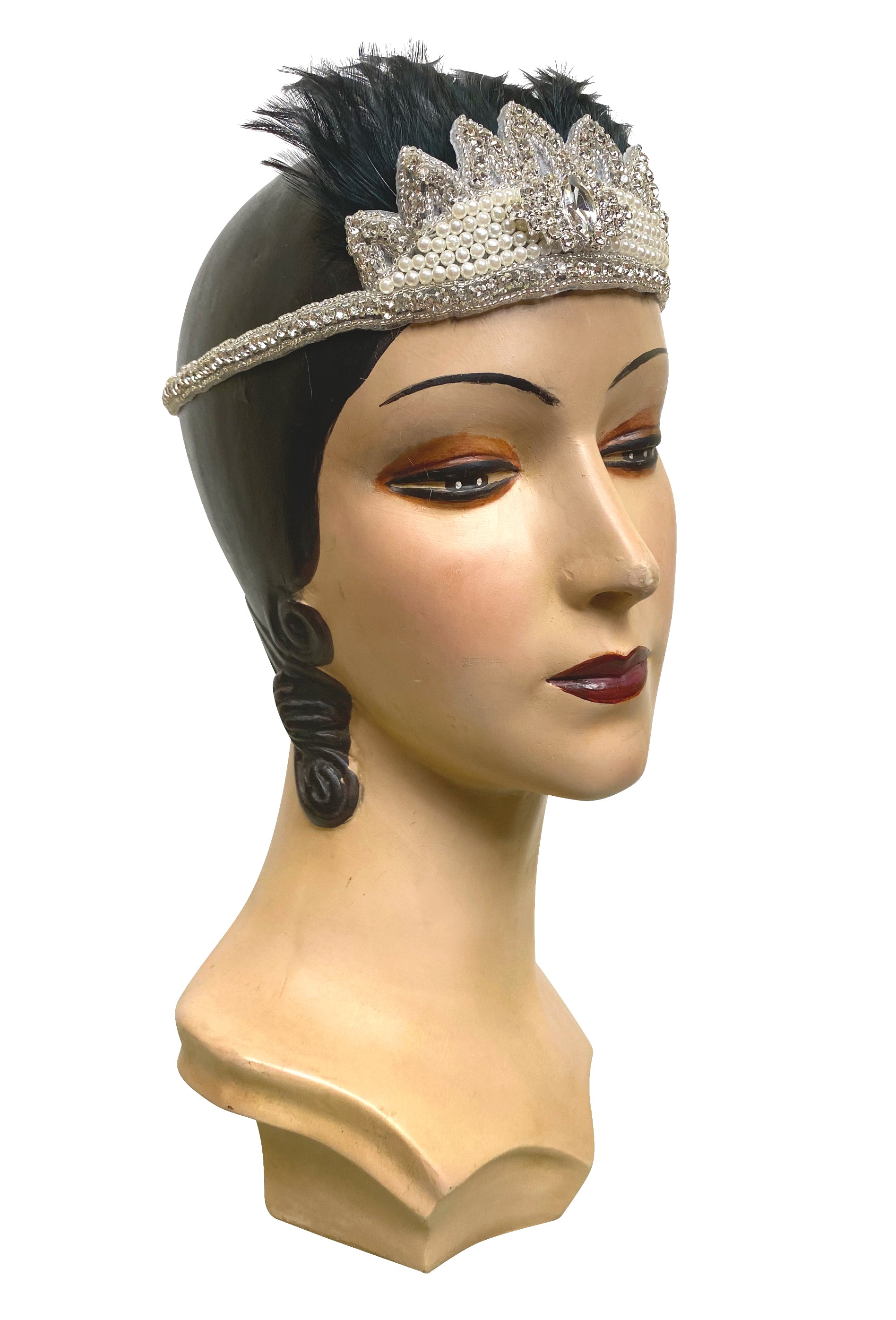 Crown Ostrich Art Deco Vintage Style Wedding Headband - Black