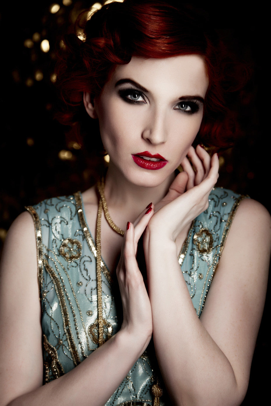 1920s Gatsby Flapper Beaded Fringe Party Dress - The Lulu - Gold on Turquoise The Deco Haus