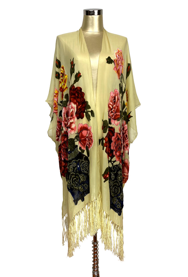 Luxury Victorian Bouquet Silk Chiffon Tassel 20s Dressing Room Wrap - Buttercup