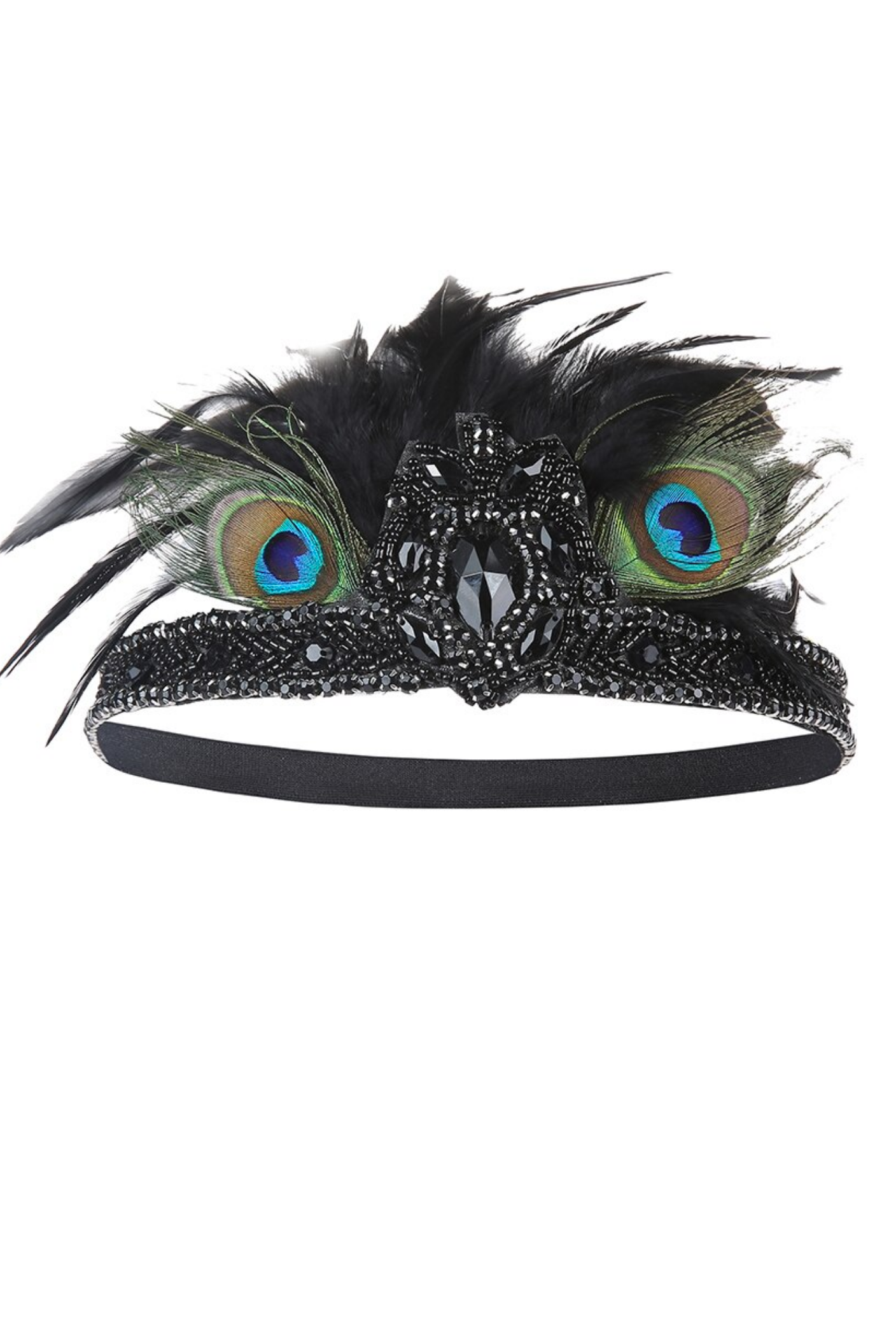 Peacock Ostrich Art Deco Vintage Style Evening Headband - Black