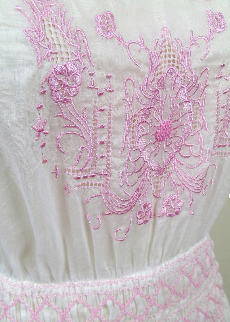 1930s Vintage Embroidered Peasant Dress - The Heirloom - Rouge Pink on White - The Deco Haus
