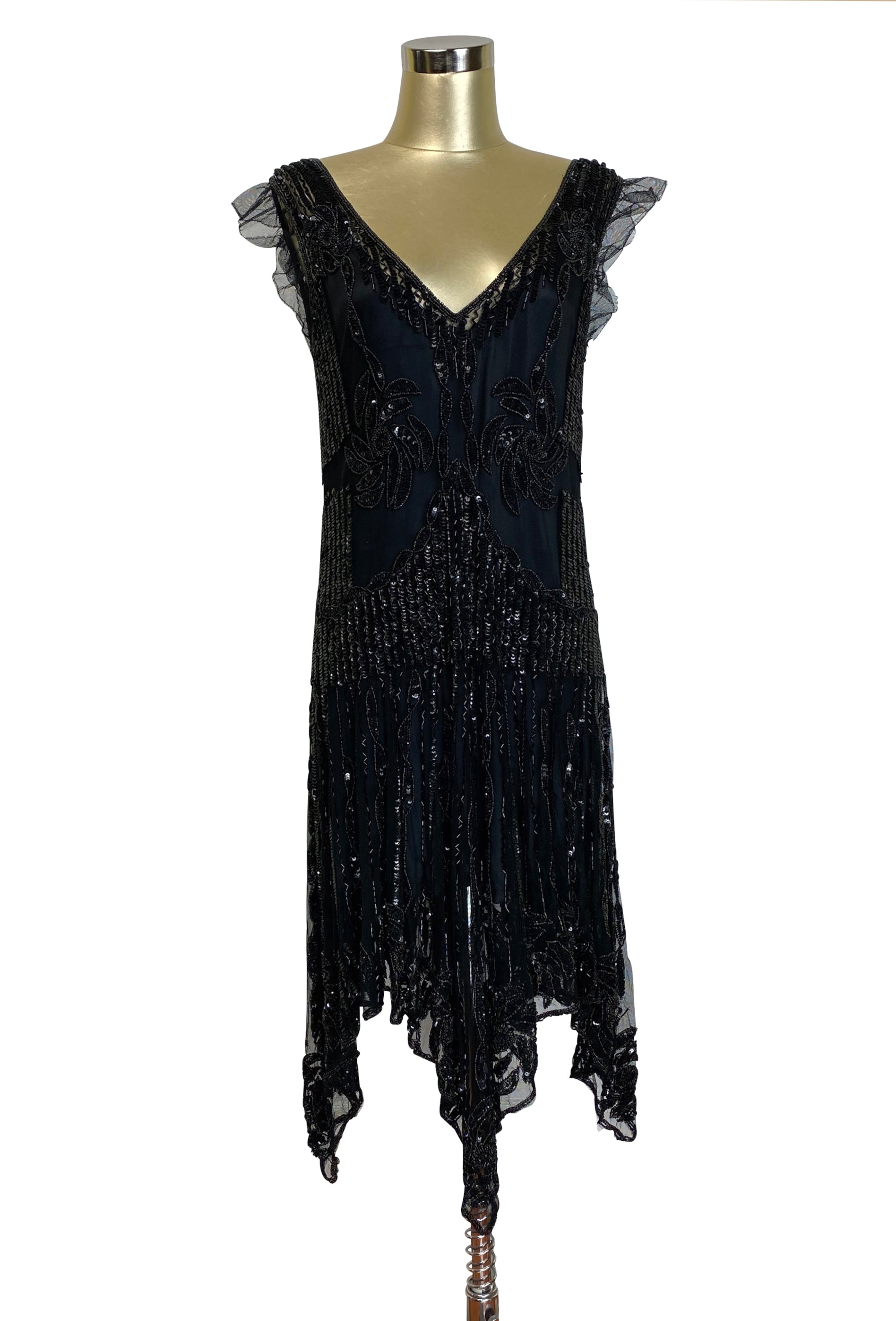 The 1920s Hollywood Regency Handkerchief Vintage Gown - Black Jet