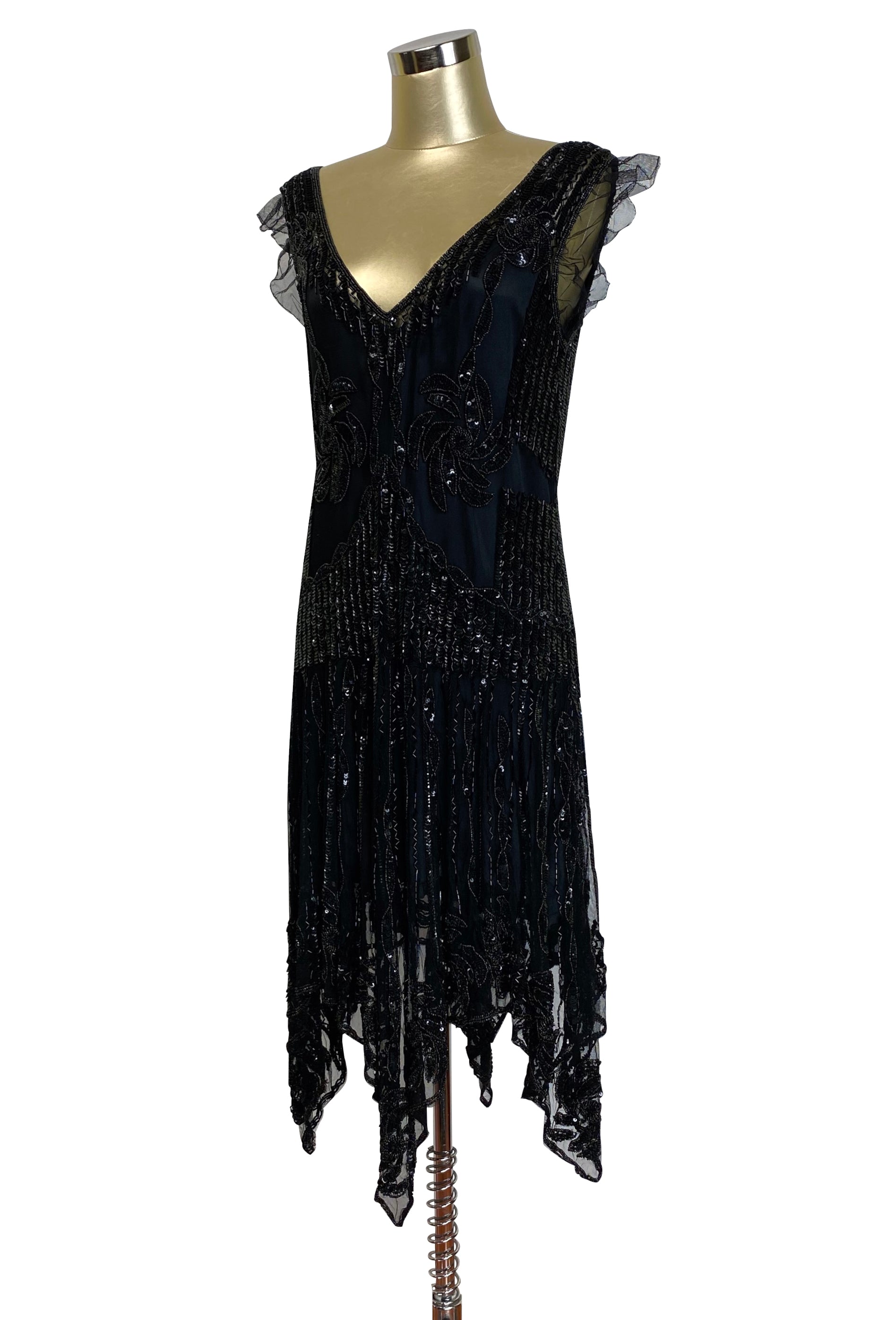 The 1920s Hollywood Regency Handkerchief Vintage Gown - Black Jet The Deco Haus