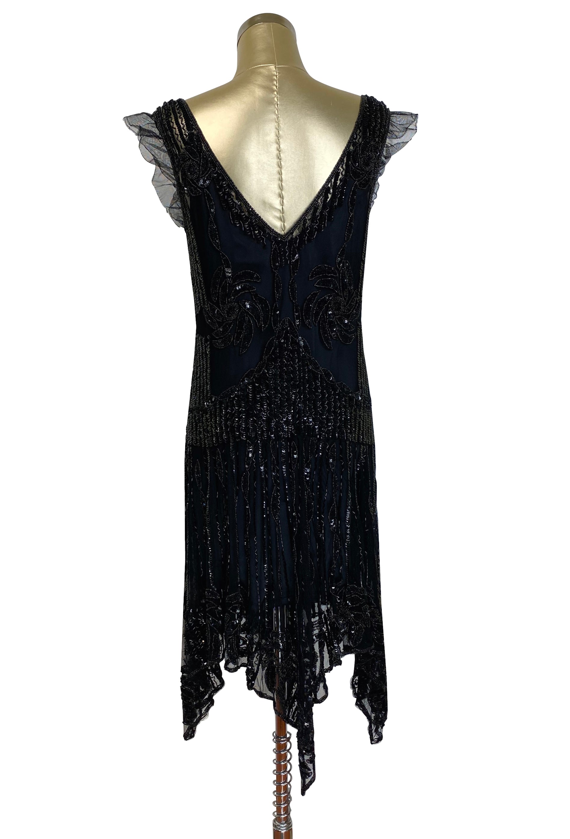 The 1920s Hollywood Regency Handkerchief Vintage Gown - Black Jet The Deco Haus