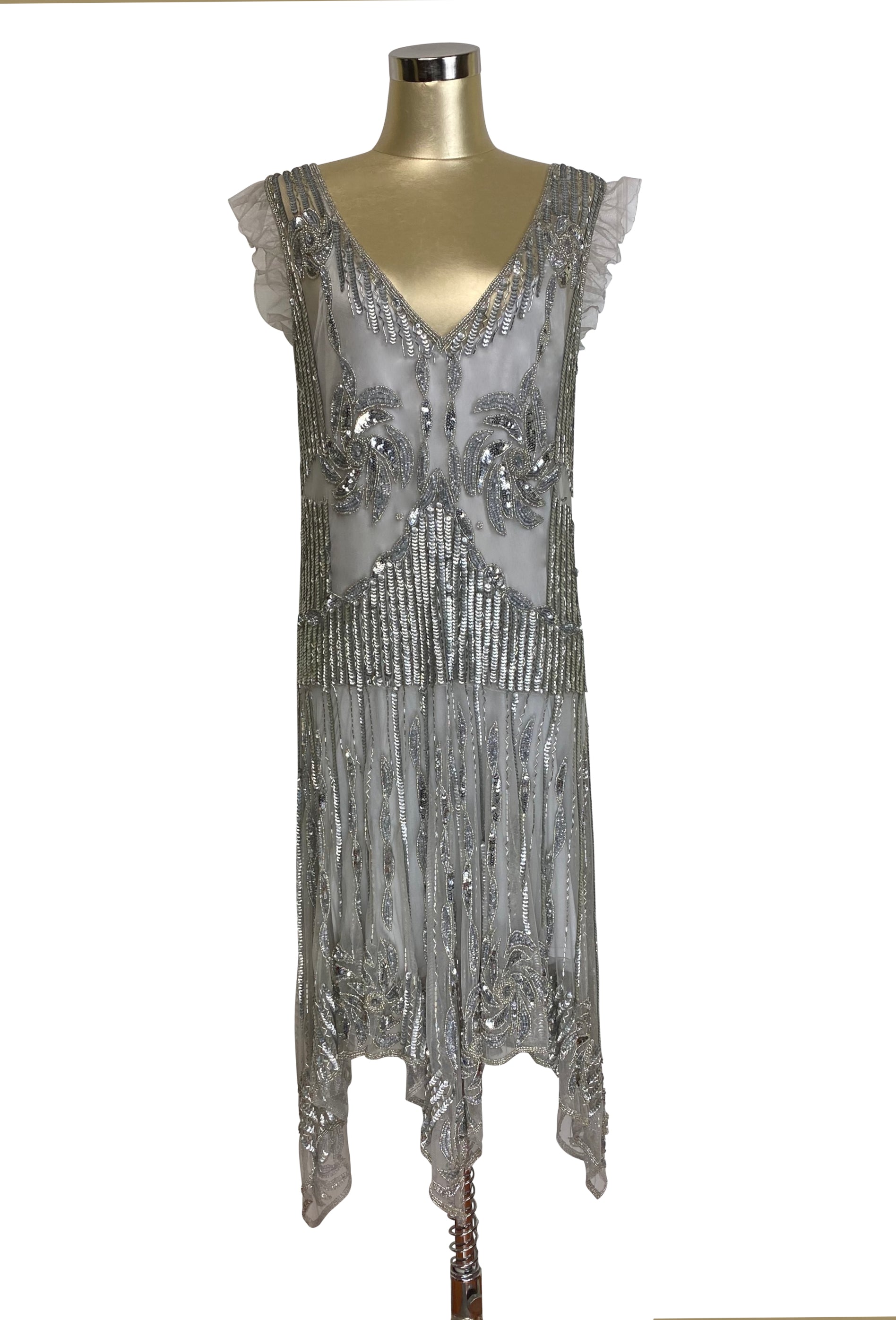 The 1920s Hollywood Regency Handkerchief Vintage Gown - Silver The Deco Haus