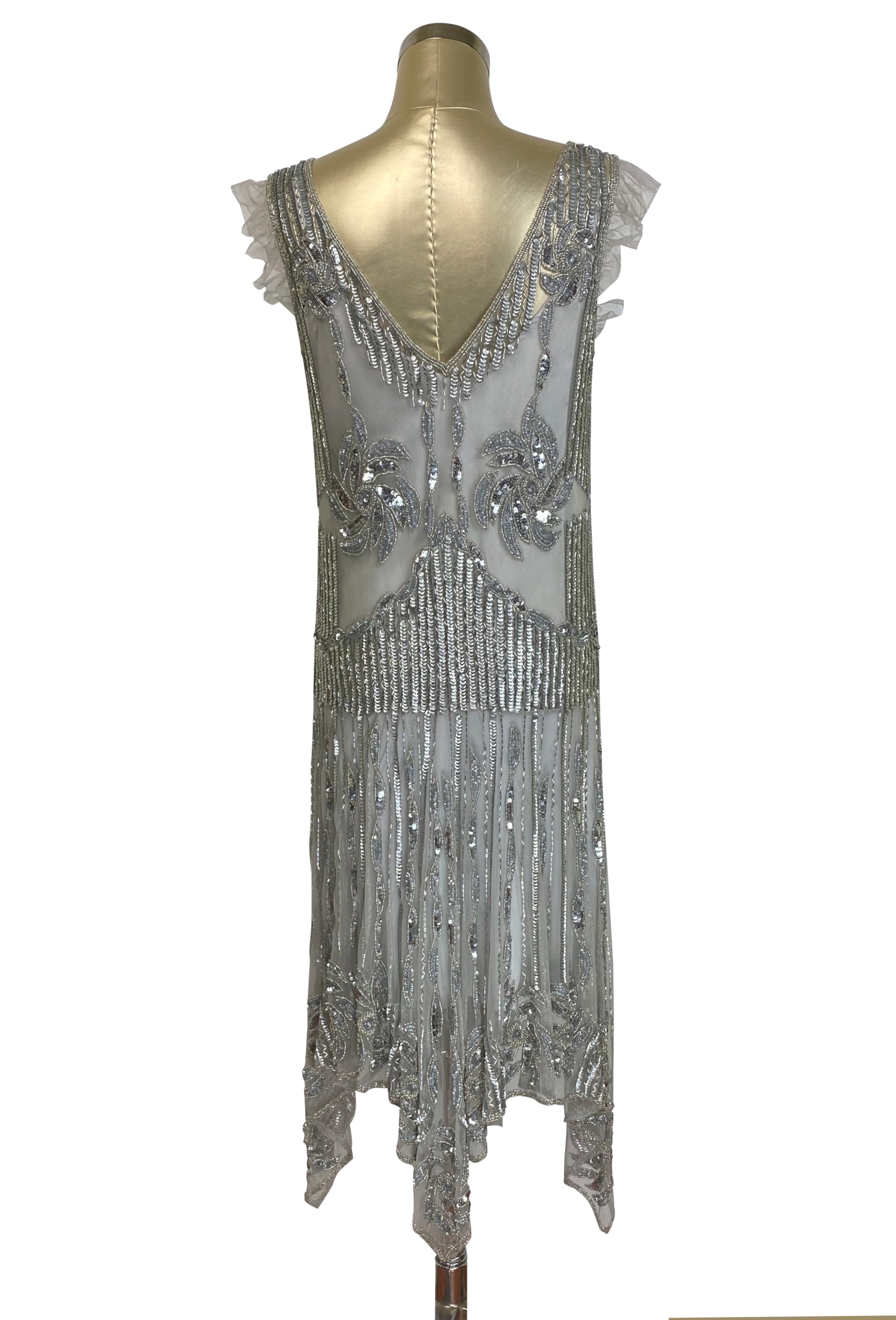 The 1920s Hollywood Regency Handkerchief Vintage Gown - Silver The Deco Haus