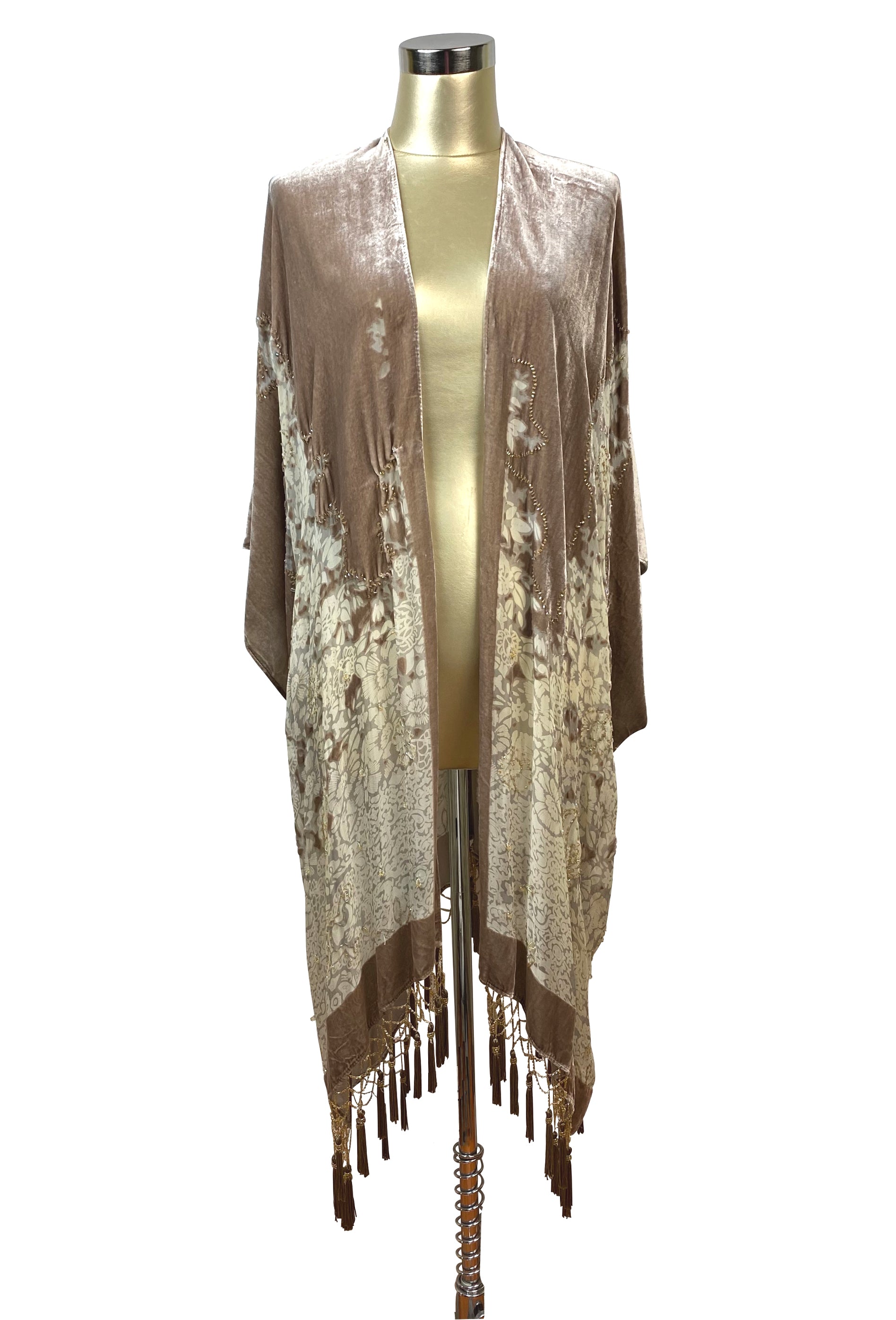 The Art Deco Mini Floral Silk Velvet Burnout Beaded Evening Wrap - Champagne Taupe