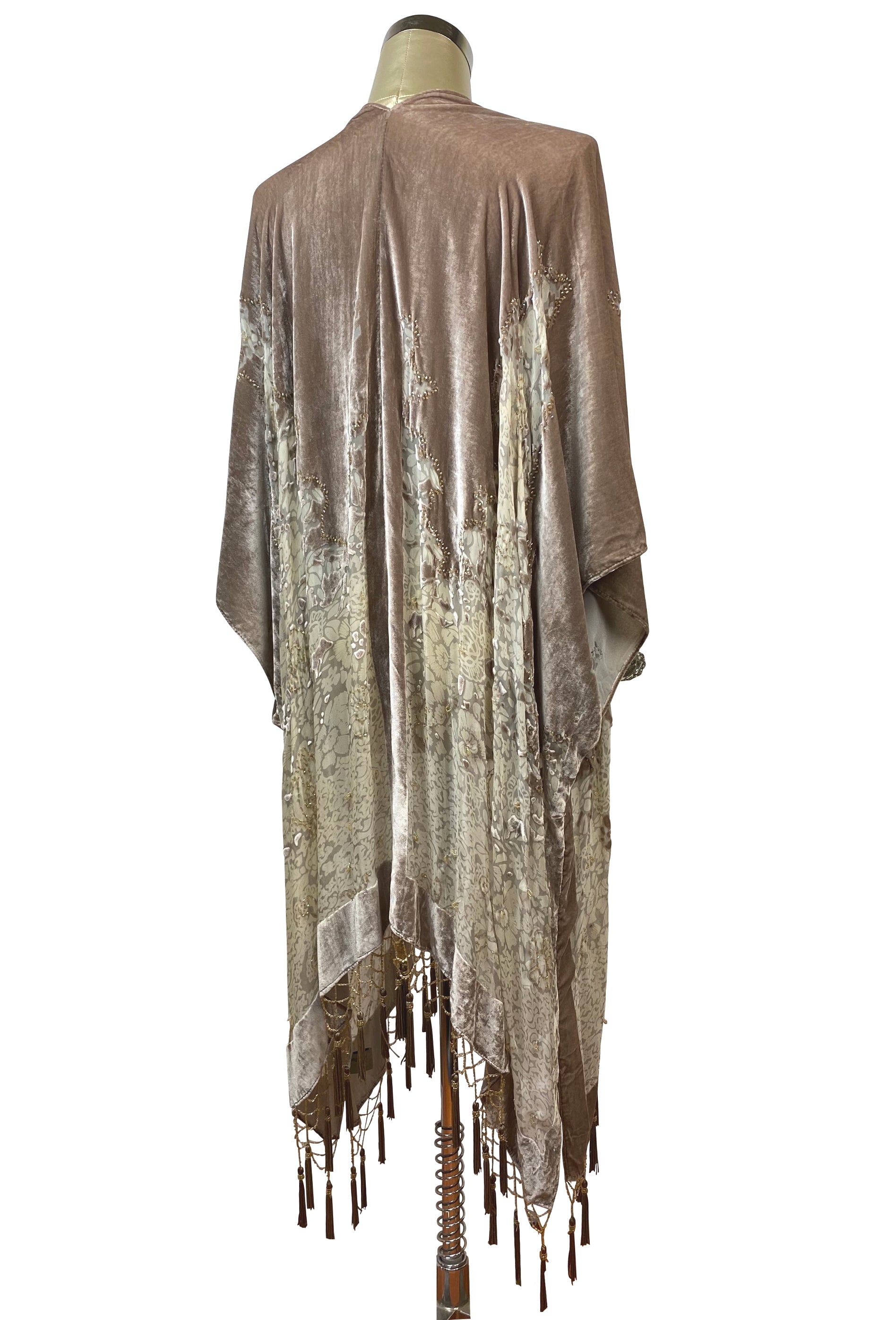 The Art Deco Mini Floral Silk Velvet Burnout Beaded Evening Wrap - Champagne Taupe