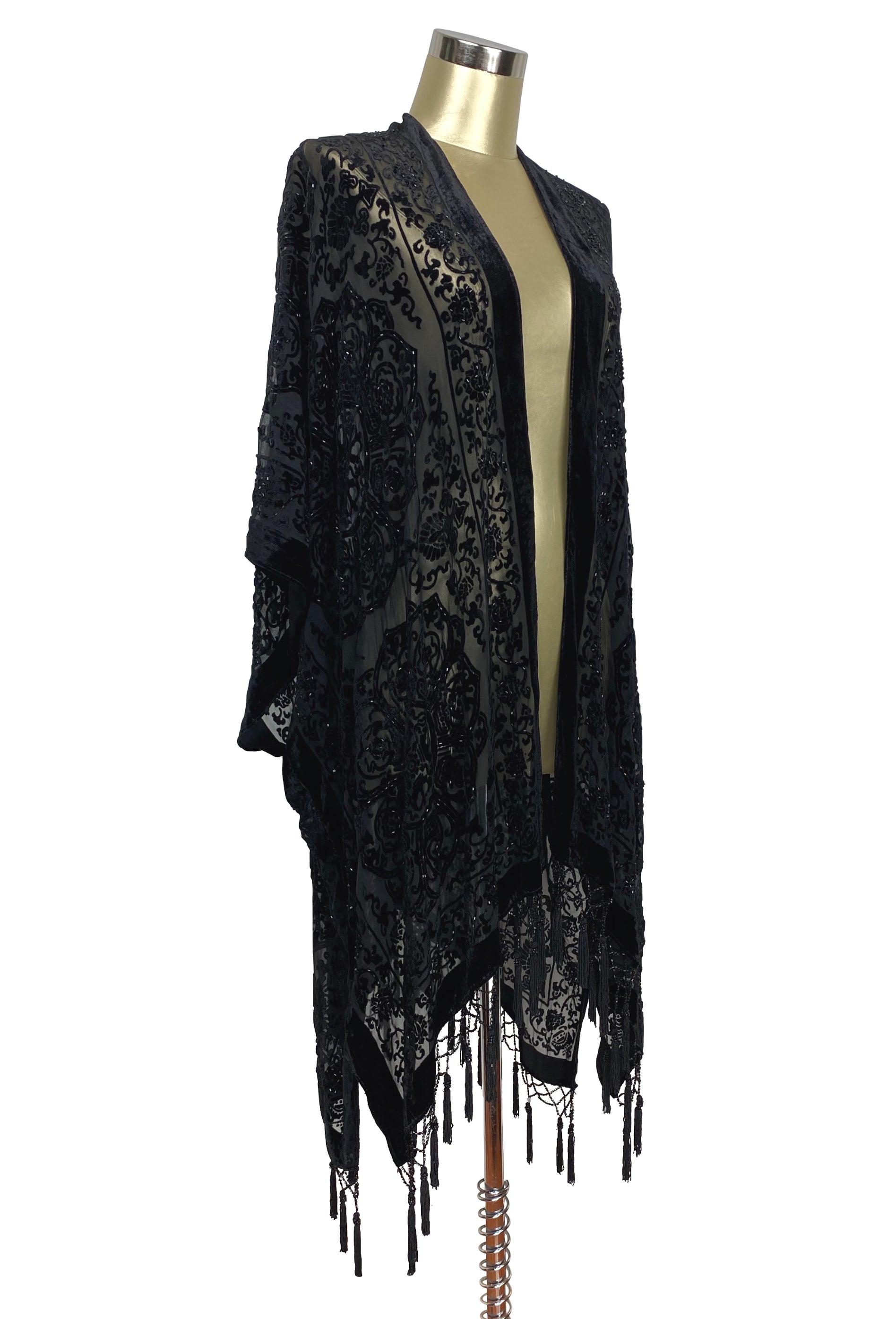 The Art Deco Renaissance Floral Silk Velvet Burnout Beaded Evening Wrap - Black The Deco Haus