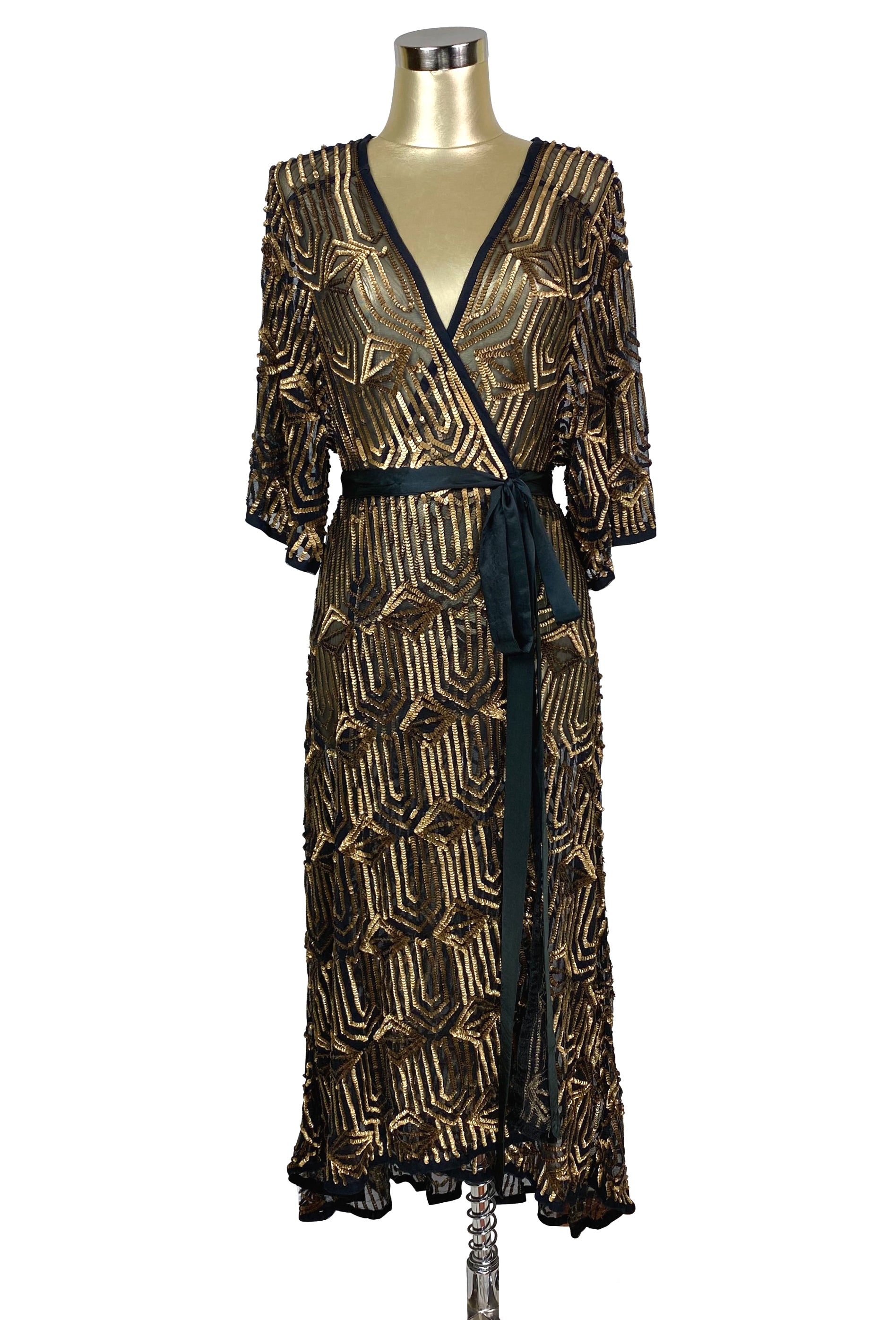The Femme Fatale 1920s Glamour Vintage Wrap Dress - Antique Gold on Kohl - The Deco Haus