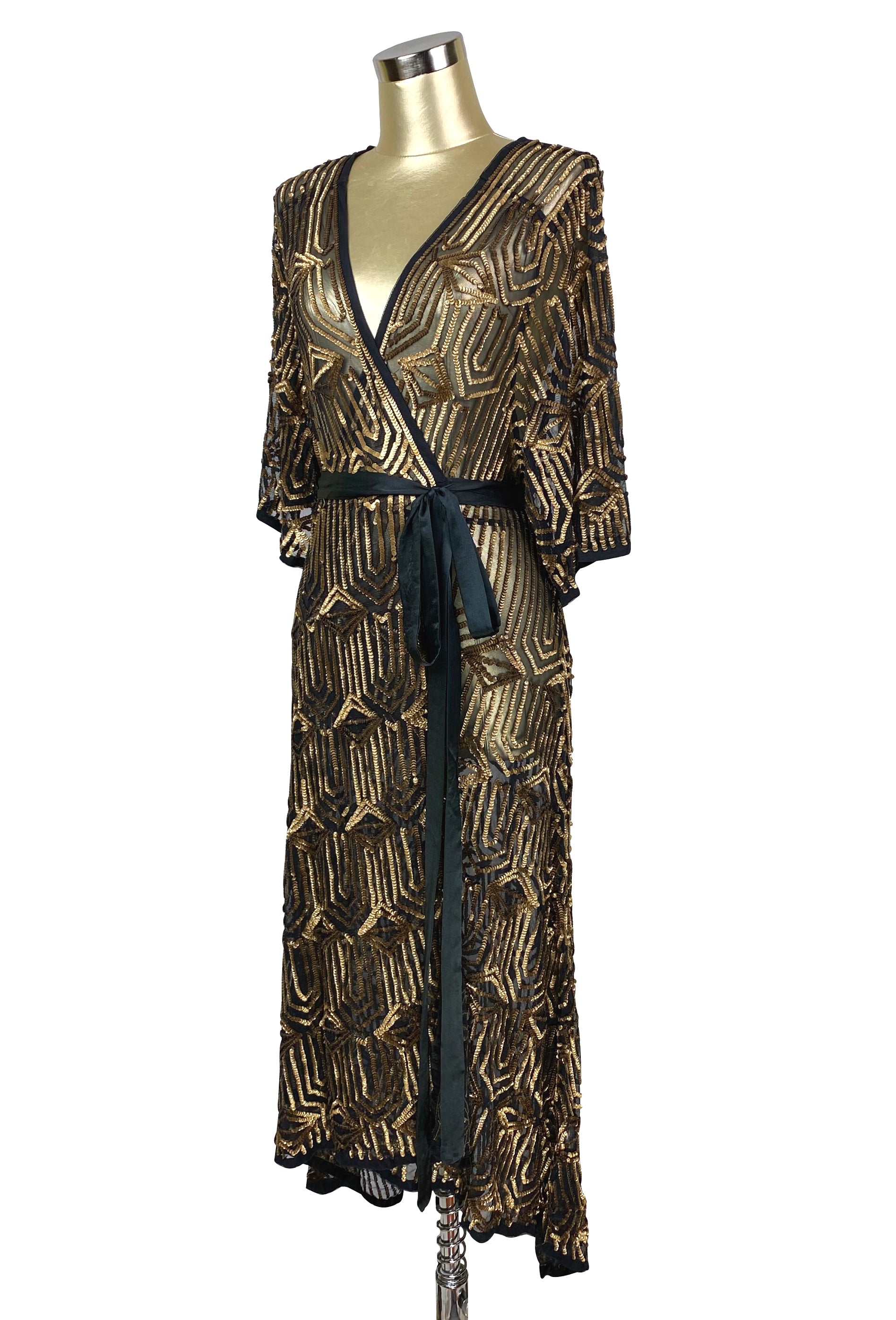 The Femme Fatale 1920s Glamour Vintage Wrap Dress - Antique Gold on Kohl - The Deco Haus