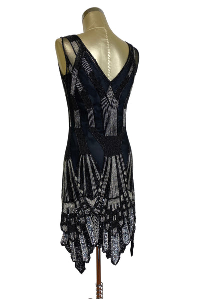 The Paris 1920's Handkerchief Scallop Panel Art Deco Gown - Black Gold