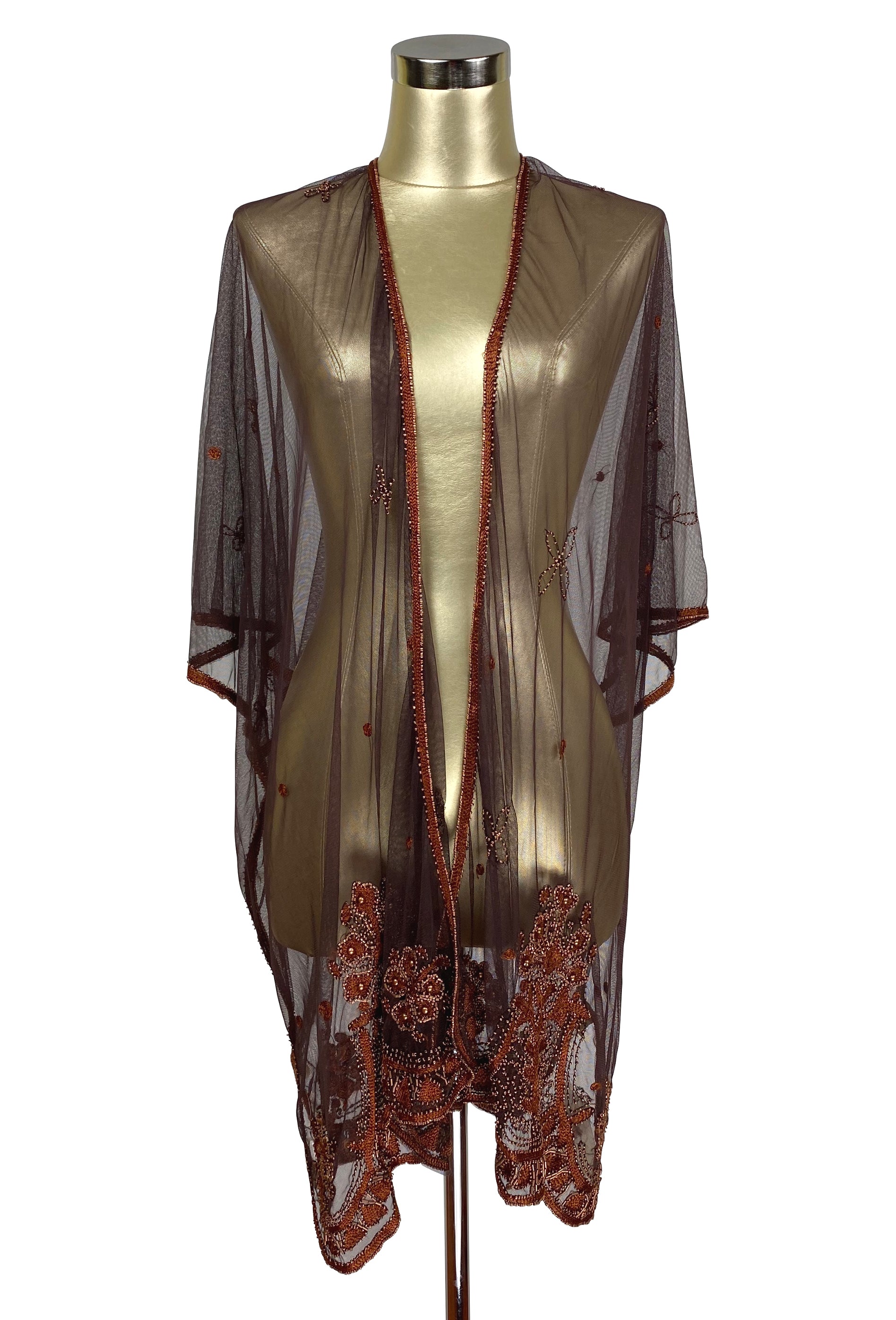 The Vintage Romance Embroidered Pearl Mesh Evening Wrap - Mocha Brown The Deco Haus
